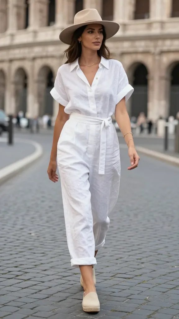 A sunny Rome street scene with a single stylish woman wearing a white linen jumpsuit, cinched at the waist with a slim belt, rolled hems just above the ankles to reveal beige canvas espadrille wedges. She also wears a beige wide-brim hat and a minimalist gold necklace. The look is polished yet breezy, perfect for museum-hopping in heat. Pose the model strolling along a shaded cobblestone path near the Colosseum exterior, with soft natural light highlighting the crisp fabric and relaxed silhouette. Accessorize with a delicate bracelet, keep the background slightly out of focus to emphasize the outfit, and ensure the overall aesthetic feels timeless, chic, and vacation-ready. No text on image.