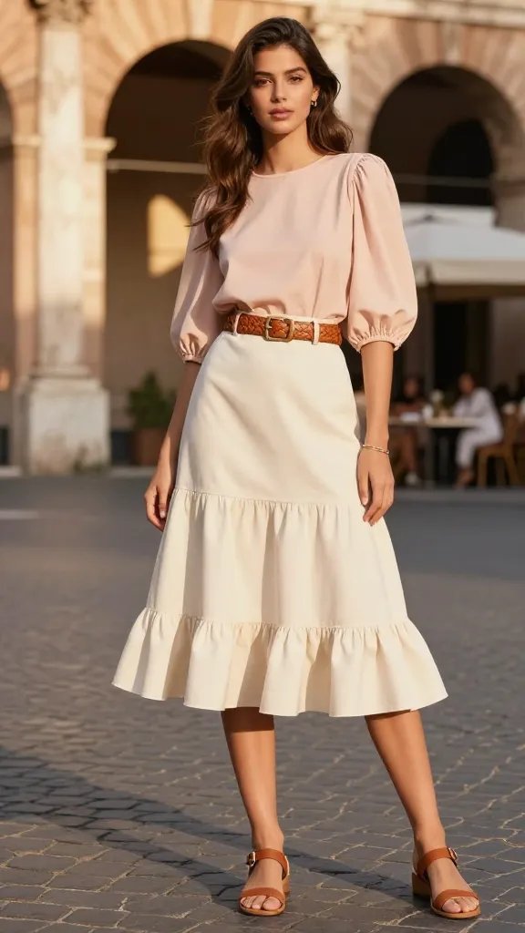 A high-resolution, editorial fashion photograph of a stylish female model posing outdoors in Rome during golden hour. She wears a cream ruffle-hem midi skirt paired with a soft blush blouse featuring puff sleeves. A tan leather woven belt cinches the waist, and delicate jewelry&mdash;tiny stud earrings and a slender bracelet&mdash;is kept minimal. The blouse is neatly tucked to emphasize the waistline, creating a flattering silhouette. She completes the look with tan leather sandals. The setting includes soft, sunlit arches or a charming Roman street near the Forum, with al fresco dining hints in the background. The overall mood is chic, playful, and effortlessly put-together, perfect for a vacation-ready photo op. No text on the image.