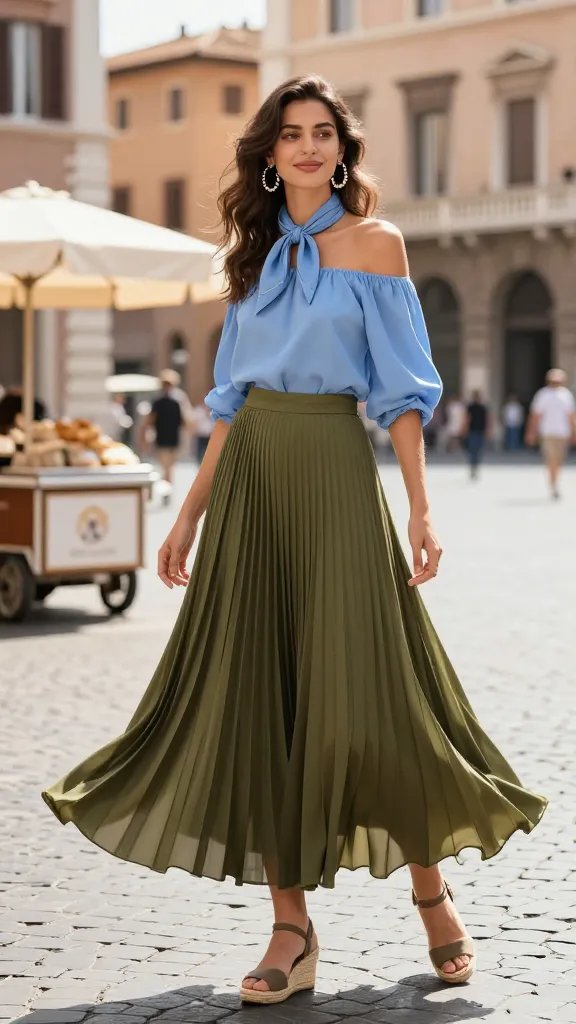 A high-resolution editorial-style photograph of a stylish woman in Rome, standing in a sunlit piazza with soft Romeic architecture in the background. She wears an olive pleated maxi skirt that moves with a gentle breeze, paired with a sky-blue off-shoulder blouse cinched at the waist to emphasize her silhouette. She finishes with espadrille wedges and beaded hoop earrings, and a lightweight scarf tied loosely around her neck for a pop of color. The scene captures motion and light as she smiles subtly, with a gelato cart or cafe terrace hints nearby and pedestrians softly blurred, creating a fresh-faced, vacation-glam vibe perfect for a Piazza Navona wander moment. No text on the image.