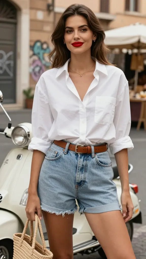 A stylish woman posing in a sunlit Roman street near a breezy afternoon, wearing a crisp white button-down shirt tucked at the front with the sleeves rolled up, and light-wash high-rise denim shorts cinched with a tan leather belt. She holds a straw tote casually at her side, standing beside a vintage scooter with graffiti walls and market stalls in the background. The look is elevated and camera-ready: grayscale palette dominated by white and denim with warm tan accents, lips in a bold shade of red to pop the neutral tones. Natural lighting, shallow depth of field, candid yet polished pose as she glances slightly off-camera with a relaxed, confident smile. No text in the image.