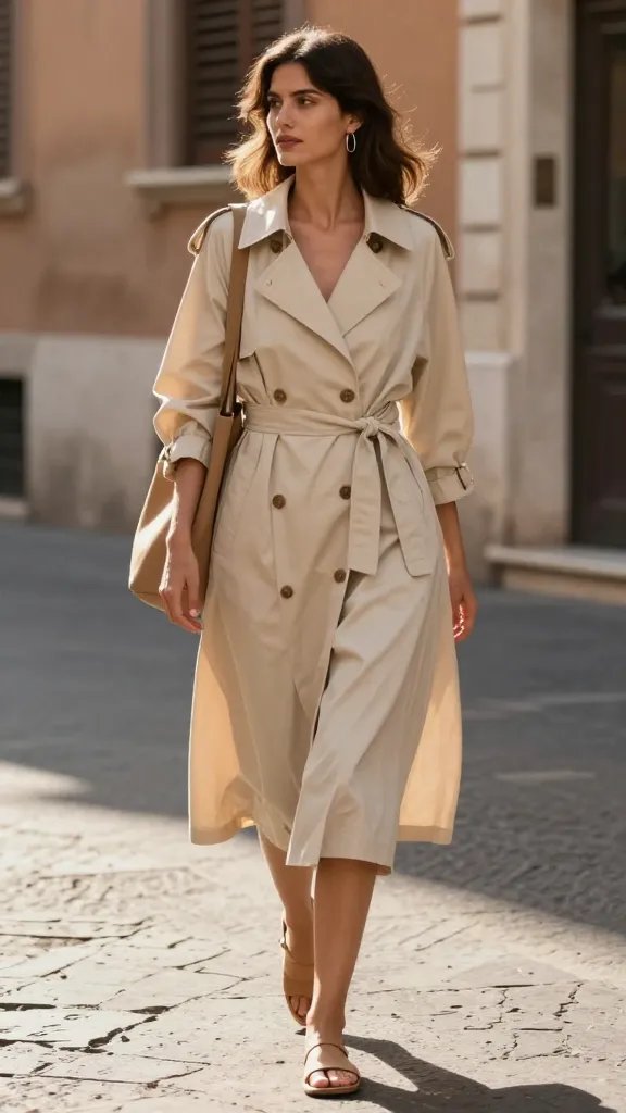 A chic, sunlit city street in Rome during golden hour, featuring a stylish woman as the main subject wearing a light beige trench dress that reads as lightweight and airy, belted loosely at the waist with the belt undone to create a relaxed silhouette, and with the trench left to hang softly in places as the breeze catches it. She pairs the dress with flat tan sandals, a minimalist tan tote slung casually over one shoulder, and silvery hoop earrings. The scene includes soft shadows, cracked stone pavement, and warm stone buildings in the background. The subject stands in a poised yet relaxed posture, gazing slightly to the side, with hands naturally at her sides or one hand resting on the tote strap. The overall mood is effortlessly chic, summery, and practical, conveying motion and comfort in a stylish Roman vacation vibe. High-resolution fashion photography, natural light, shallow depth of field to gently blur the background while keeping the subject crisp. No text on the image.
