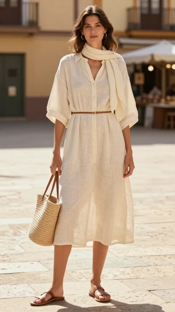 A realistic, high-quality fashion photograph of a stylish woman modeling an effortless street-style linen dress in cream, midi-length and loose, standing in a sunlit Spanish plaza with warm golden hour light. She wears flat leather sandals and delicate hoop earrings, carrying a woven straw tote. A thin belt cinches the waist to add subtle definition, and a lightweight scarf is draped casually over one shoulder for shade and flair. The look is breezy, chic, and comfortable, with minimal jewelry to let the dress speak. The background features sunlit stone pavement, pastel-colored buildings, and a few blurred market stalls in the distance, conveying a relaxed daytime vibe. The subject exudes casual confidence, natural makeup, and effortless poise, with soft shadows and vibrant yet true-to-life colors that emphasize the cream linen dress and straw accessories. No text or logos on the image.