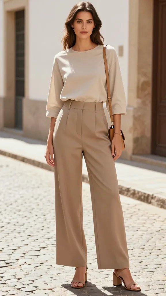 A high-resolution, natural-light fashion editorial image of a stylish female model standing in a sunlit European street setting. The model wears a soft, breathable cotton-blend blouse with three-quarter sleeves, neatly tucked to elongate the torso, paired with high-waisted wide-leg trousers in a warm sand taupe tone. She finishes the look with chic block-heeled sandals in a complementary neutral shade and a slim tan crossbody bag resting at her hip. Minimal accessories include a slim bracelet and small earrings. The overall vibe is polished casual&mdash;effortless yet refined&mdash;with a subtle, confident pose that highlights the waist-to-hip line. The background features sunlit cobblestones and light architectural details to convey a Spain-inspired, everyday chic atmosphere. No text overlays.