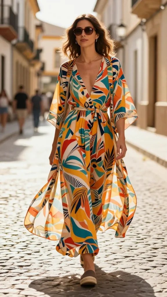A full-length, high-resolution street-style fashion photograph of a stylish woman walking along a sunlit Spanish cobblestone street. She wears a flowing maxi dress in a cheerful, bold print that moves with her as she strolls, paired with a lightweight kimono draped open over the dress and tied loosely at the waist with a simple belt for definition. The kimono should billow slightly to convey breeze and movement, creating an effortless, graceful silhouette. She completes the look with flat slides or espadrille wedges and minimal, understated jewelry to let the prints shine. Accessories include a pair of statement sunglasses perched on her face, and the overall color palette should feel warm and vibrant, reflecting a sunny day in Spain. The background shows charming old-town architecture and soft, golden hour light, with the subject clearly the focal point, conveying a relaxed, comfortable, and stylish mood suitable for crowded streets and long strolls. No text on the image.