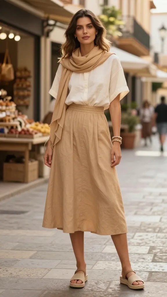 A realistic, high-quality fashion editorial portrait of a stylish woman in a sunlit Spanish city street, modeling a sand-colored midi skirt and coordinating cream/camel top. The outfit features a lightweight sand midi skirt with a tucked-in cream or camel cotton/linen top, creating a clean waistline. She wears espadrille sandals and a minimalist bracelet stack. Include a lightweight scarf draped as a shawl for sun protection. The scene should feel like a mid-day neighborhood shop or harvest market stroll, with warm, neutral tones, soft golden hour lighting, and relaxed, confident pose. The background shows soft-focus storefronts, stone pavement, and hints of greenery, ensuring the subject remains the clear focal point. No text or logos on the image.