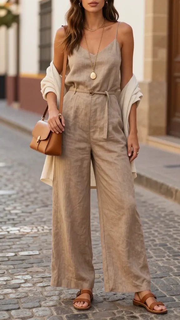 A stylish, sunlit street scene in Spain with a fashionable woman wearing a lightweight linen jumpsuit&mdash;wide-leg silhouette in warm taupe&mdash;cinched at the waist with a slim belt. She pairs it with leather sandals and a crossbody bag in warm tan, featuring a long pendant necklace that elongates the torso. Add a light cardigan draped over her shoulders for indoor air conditioning. The look is polished yet relaxed, suitable for day trips and casual dinners. She stands confidently on a charming cobblestone alley with soft golden hour light, a hint of architectural details in the background, capturing a modern, local-style vibe without text or logos in the frame.