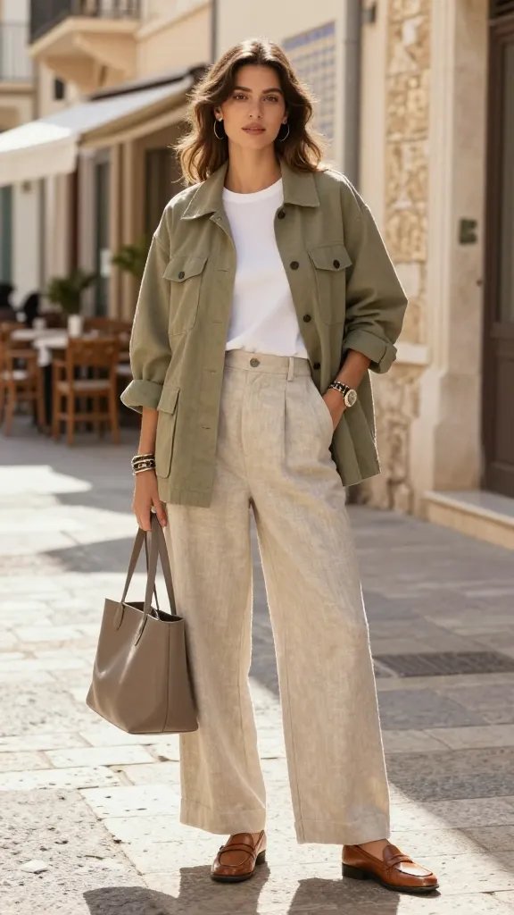 A stylish urban scene of a young adult woman standing on a sunlit Mediterranean street, wearing a lightweight oversized utility jacket in soft olive over a breathable white tee, paired with wide-leg linen trousers in natural stone, and polished leather loafers. She has the jacket sleeves casually rolled to reveal a stacked bracelet and a bold watch, with one hand tucked into a pocket and the other lightly adjusting the lapel. A structured medium-sized tote bag in taupe sits on her forearm, balancing the relaxed silhouette. The setting includes sun-dappled stone buildings, a breezy coastal breeze suggested by a slight motion in the jacket and trousers, and a subtle backdrop of cafes and tiled fa&ccedil;ades. The lighting is warm and natural, capturing crisp textures of linen, the matte finish of the jacket, and the soft sheen of the loafers. No text or branding visible in the scene. The subject's expression is confident and calm, embodying practical chic for spring days and breezy evenings.
