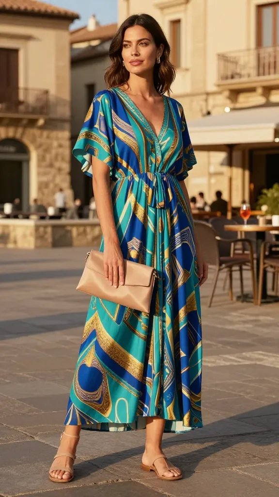 A stylish woman stands in a sunlit European plaza wearing a bold print maxi dress that drapes to the ankles, featuring a vibrant geometric motif in rich blues, teals, and gold with a flowing silhouette; she pairs it with neutral flat sandals, a minimal nude or tan satin clutch, and small classic stud earrings. The scene captures golden hour lighting with warm tones; she poses relaxed with one hand brushing the dress as she glances toward the camera, a subtle sangria glass visible on a nearby caf&eacute; table to evoke a casual tapas atmosphere. The background includes sunlit stone buildings, a low stone wall, and scattered plaza chairs, all softly blurred to keep the focus on the outfit. The overall look is cohesive, letting the bold print do the talking while accessories stay sparse, and the styling hints of color cohesion are reflected in the bag and sandals. High-resolution, natural skin tones, shallow depth of field, no text on image.