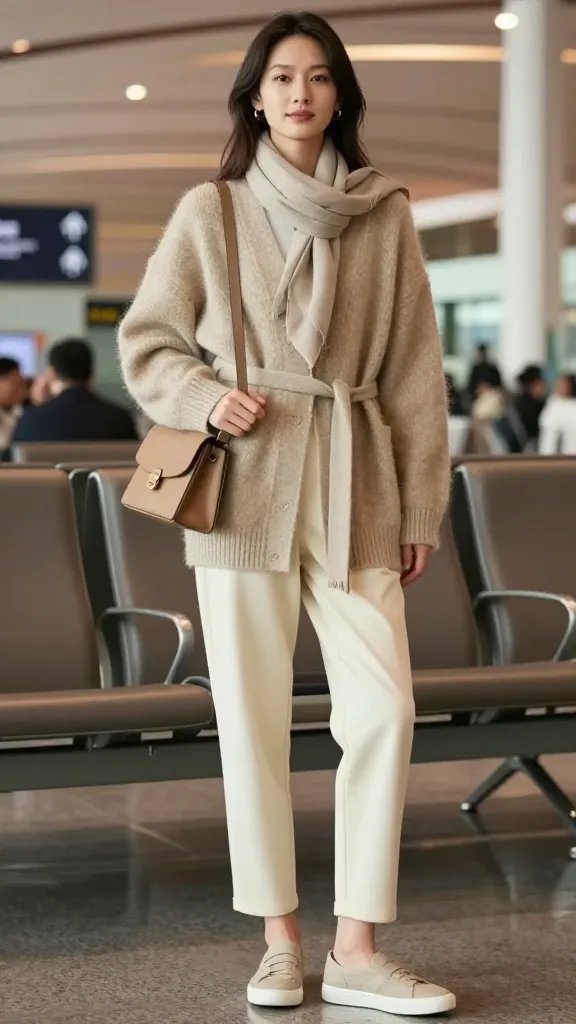 A high-resolution fashion editorial portrait of a stylish traveler in an airport lounge setting, featuring a single female main subject positioned slightly angled to the camera. She wears an oversized beige knit cardigan with a refined, soft texture, cinched at the waist with a slim belt to create structure, paired with cream tapered trousers that drape elegantly and cushioned slip-on sneakers in a neutral tone. Accessories include a tan crossbody bag resting at hip height, subtle gold hoop earrings, and a lightweight scarf loosely draped for an effortless, luxe vibe. The color palette remains soft and neutral&mdash;beige, cream, taupe, and ivory. The look is polished yet comfortable, suitable for long waits and VIP lounges, with clean lines and streamlined silhouettes. The lighting is warm and natural, simulating a well-lit airport lounge with soft background bokeh, ensuring the subject stands out crisply. The image should convey quiet luxury, travel-readiness, and a gallery-ready aesthetic without any visible text. The composition is balanced, with the subject center-left, a sleek scarf subtly peeking from the cardigan, and a calm, confident expression that communicates &ldquo;effortless&rdquo; designer vibe.