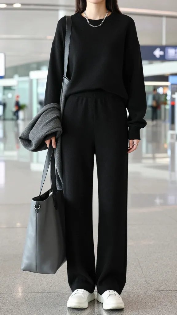 A high-resolution, editorial-style photograph of a stylish traveler posing in a minimalist airport setting. The model stands confidently in a monochrome black knit jumpsuit with a relaxed, seamless silhouette that reads like a secret sweatshirt dress, paired with chunky white sneakers. She carries a grey oversized tote and wears a simple silver chain necklace, keeping jewelry minimal. The look is elevated yet cozy, with soft lighting that highlights the matte texture of the knit and the sleek line of the outfit. In the background, a hint of airport signage and a blurred jet bridge conveys travel context without overpowering the subject. Optional light cardigan in a matching shade draped over the shoulders or arm to suggest layering for chilly moments. The overall mood is effortless chic, travel-ready, and designer-looking without luxury branding; no text or logos visible in the frame.