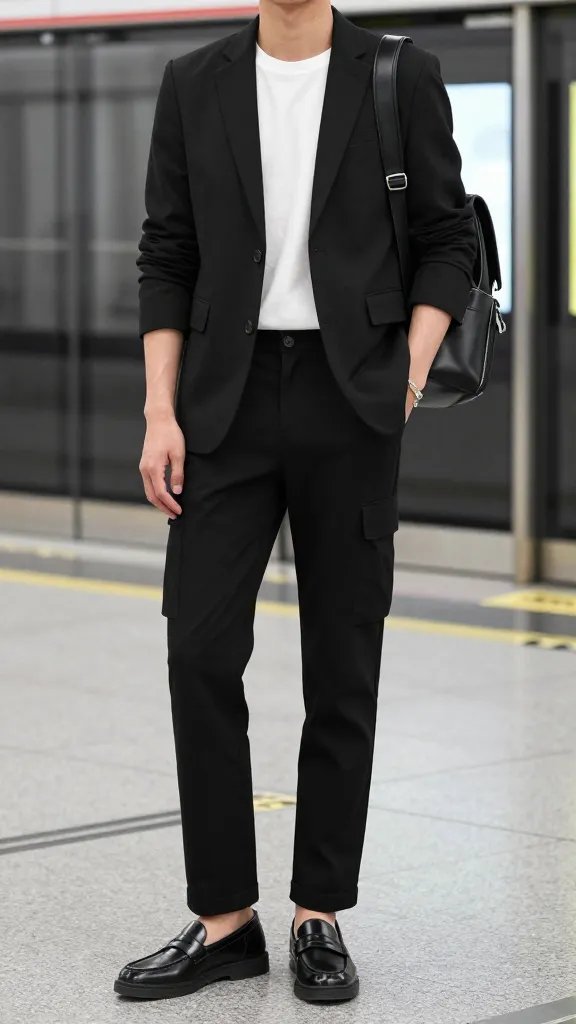 A high-resolution, fashion editorial photograph of a stylish urban traveler posing in a sleek, transit-ready look. The main subject is a modern person with a poised, confident demeanor, standing in a chic, minimalist city subway station with soft, natural lighting. They wear a black tailored blazer perfectly fitted, a crisp white crew-neck tee tucked in, and slim black cargo pants or straight-leg trousers. Footwear consists of polished black loafers or tidy sneakers. The blazer is buttoned for a sharp silhouette, with sleeves neatly rolled slightly to reveal a delicate bracelet for a softer vibe. A structured mini backpack sits snugly on their back, completing the practical yet luxe aesthetic. The overall composition exudes a pricey, designer-inspired look without luxury labels, balancing crisp tailoring with effortless cool. The photo should feel like a contemporary fashion magazine spread: clean lines, rich textures, and a glossy, high-contrast finish, with no text overlays.