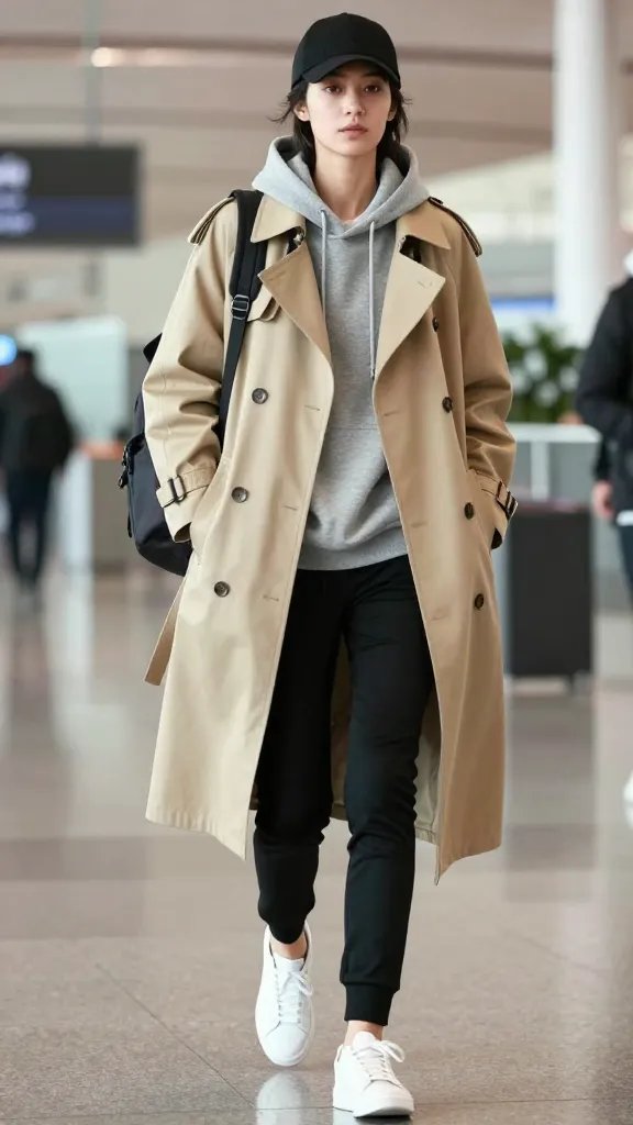 A high-quality, realistic fashion editorial portrait of a stylish traveler posing confidently in an airport-ready scene. The subject wears a longline beige trench coat over a grey fleece-lined hoodie, with the hoodie subtly peeking out from under the coat, paired with black stretch joggers that are slim and streamlined. White low-top sneakers complete the look, and a minimalist backpack rests casually on one shoulder or worn crossbody for a modern, practical vibe. The lighting is soft yet crisp to emphasize texture: the wooly fleece lining of the hoodie, the smooth fabric of the trench, and the clean lines of the joggers. The setting is an airport terminal with a shallow depth of field to keep the focus on the subject, conveying motion as if walking through security or toward a gate. Optional accessories include a sleek cap or a minimalist beanie to reflect transitioning through chilly terminals. No text on the image. The subject should embody a sense of purposeful, polished comfort with a modern street-smart edge.