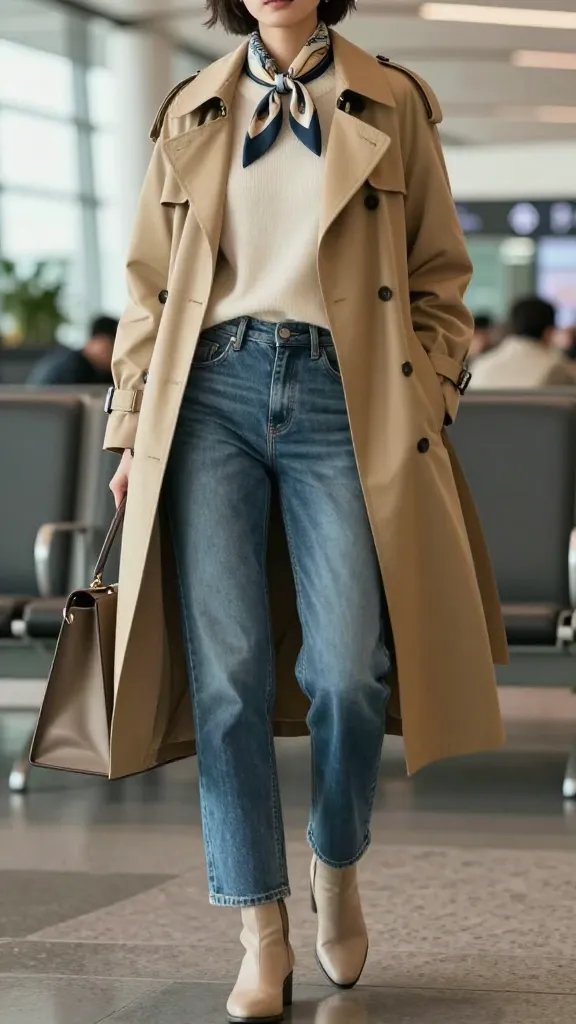 A high-resolution, cinematic fashion photograph featuring a single stylish traveler as the main subject, standing in a softly lit airport lounge with a blurred background of windows and distant gates. The subject wears mid-wash straight-leg jeans paired with a cream cashmere sweater tucked in at the waist to create a chic, structured silhouette. A camel trench or trench-puffer hybrid is worn open as a coat, draping gracefully to emphasize a polished, travel-ready look. Beige ankle boots with a low heel complete the outfit, and a silk scarf is artfully tied loosely around the neck, letting one end cascade slightly for a touch of drama. The subject holds a sleek, understated tote or carry-on beneath one arm, with a subtle confident pose that communicates ease and professionalism. Warm, natural lighting highlights the soft texture of cashmere, the smooth denim, and the luxe drape of the trench, while a shallow depth of field keeps the focus on the subject. No text on the image.