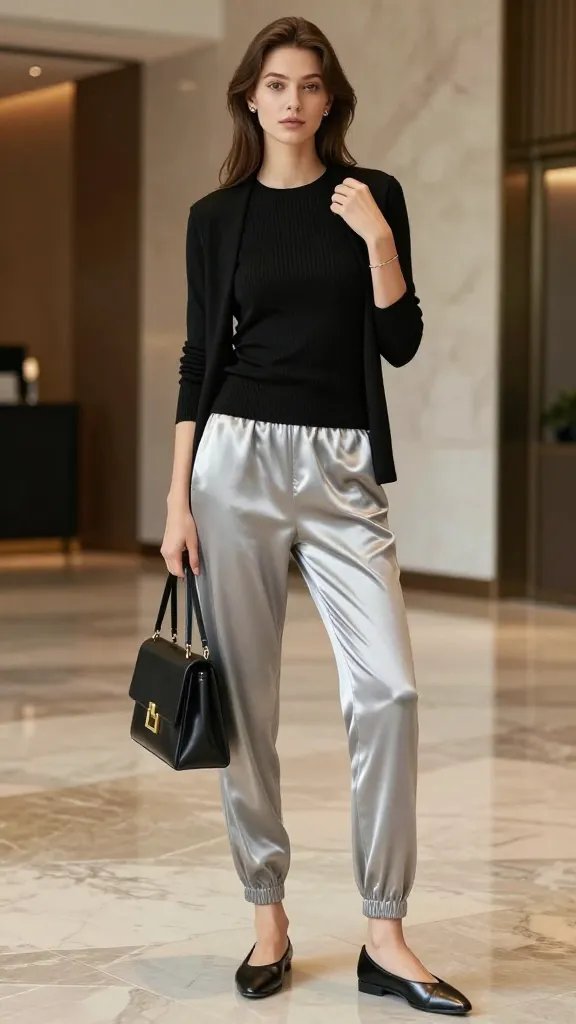 A high-quality, studio-lit fashion editorial image featuring a chic solo model in a sleek, travel-ready outfit inspired by "Slip-On Chic: Satin-Lined Joggers That Still Look Polished." The model stands in a modern hotel lobby with soft, neutral tones and a hint of glossy marble floor, catching natural and artificial light for a luminous look. She wears silver satin-lined joggers with a slim, tailored black ribbed knit top tucked in, and a slim black cardigan draped or worn open over the top for a clean silhouette. She completes the look with pointed-toe flats or sleek low-profile sneakers in black or metallic tones, emphasizing comfort and polish. Accessories are minimal and intentional: tiny stud earrings and a delicate bracelet, with no bulky pieces to preserve the sleek line. The model’s posture is confident and relaxed—one hand resting lightly on a designer-inspired crossbody bag or held at her side—while the other hand adjusts the cardigan sleeve, conveying effortless luxe. The overall mood is polished travel chic: luxe fabrics, restrained color palette (black, silver, charcoal), refined textures, and a clean, executive vibe suitable for terminal-to-hotel transitions. No text on the image.