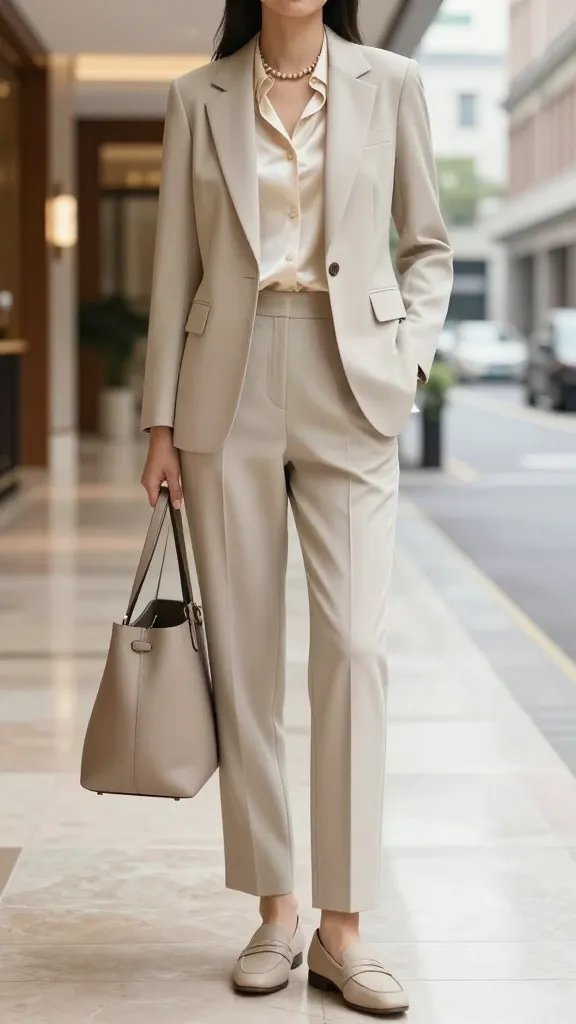 A high-resolution, editorial-style photo of a main subject modeling a soft beige travel suit in a luxurious hotel corridor and a sunlit city street backdrop. The subject wearing a lightweight beige blazer with matching tailored trousers, paired with a cream satin blouse left untucked for a relaxed vibe. Neutral-tone loafers and a minimalist nude-tone or pearl-toned necklace complete the look, with a sleek minimalist tote bag in a neutral shade resting casually at the side. Soft, natural lighting highlights the breathable fabric textures and the tailored silhouette, conveying ease and elegance for travel. The setting shifts between a polished hotel lobby with warm wood accents and a clean urban street with soft bokeh in the background, ensuring the outfit remains the focal point. The overall mood is effortlessly chic, polished, and travel-ready, with no visible text on the image.