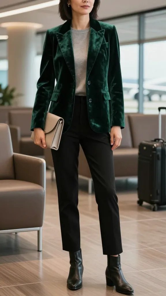 A high-quality, realistic portrait-style image of a stylish traveler mid-30s to mid-40s standing in a sleek airport lounge with soft ambient lighting. The subject wears a deep emerald velvet-textured blazer over a neutral knit tee, paired with black tapered pants and low-heel ankle boots. She carries a structured clutch or small crossbody in a complementary neutral tone. The look is chic and understated, with velvet kept as the accent piece and the rest of the outfit minimal to avoid overdoing it. The setting includes subtle travel cues like a window view of an aircraft tarmac in the background, a minimalist seating area, and a carry-on bag nearby, with a calm, sophisticated color palette of charcoal, emerald, black, and warm wood tones. The overall mood is polished, capes of velvet glint softly under airport lighting, and the subject exudes effortless “designer-vibe” without luxury price signage. No text on the image.