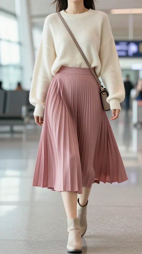 Create a high-resolution, editorial-style photograph of a confident individual centered in a light-filled airport terminal, wearing a dusty rose pleated midi skirt that moves with subtle sway as they walk. Pair it with a cream oversized knit sweater, tucked at the front to reveal a slim waist, and neutral ankle boots. Accessorize with a minimal crossbody bag featuring a magnetic closure. The overall vibe is comfortable yet polished, suitable for both airport travel and city exploration. The person should have a relaxed, forward-facing pose with natural movement, soft daylight from large windows, and a shallow depth of field to gently blur the background while keeping the outfit crisply in focus. No text or logos visible in the scene.