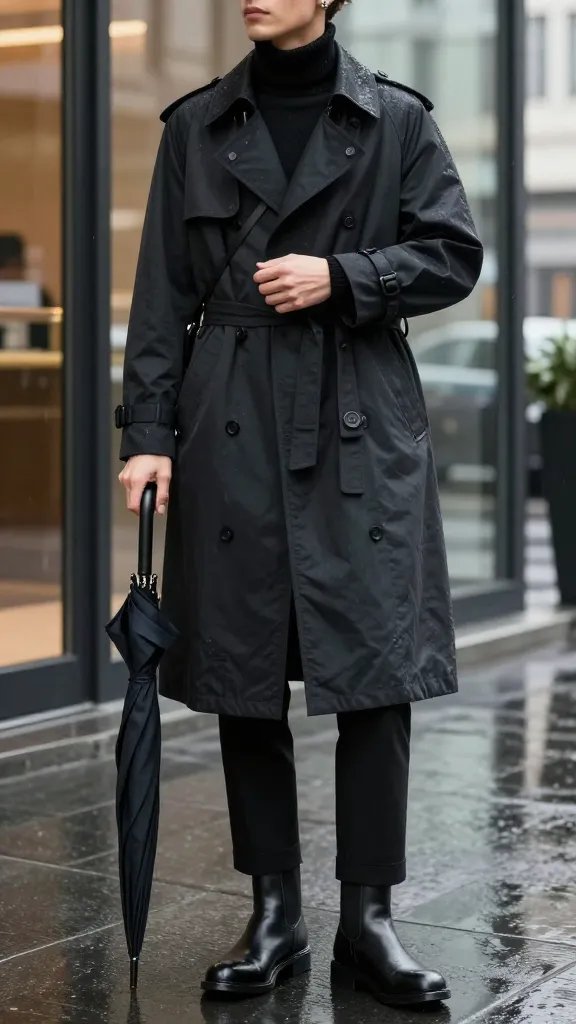 A high-resolution fashion editorial portrait and full-body shot of a stylish traveler in a rainy-city setting. The main subject stands under a light drizzle near a modern glass hotel entrance, wearing a water-repellent trench coat in charcoal black with the belt cinched for a crisp silhouette. Layered underneath, a soft black merino wool turtleneck peeks at the collar. Black cropped trousers end just above sleek waterproof ankle boots, with the pants subtly tailored for a polished look. A compact, lightweight umbrella rests in one hand while the other adjusts the trench sleeve, revealing rolled cuffs to show effortless versatility. The trench is partially unbuttoned and sleeves rolled for warmth and airiness, capturing a dynamic, adaptable travel vibe. The lighting is cool-toned, natural daylight with soft reflections on wet pavement, emphasizing textures: the matte finish of the trench, the smooth merino knit, and the glossy waterproof boots. Accessories are minimal and lightweight—a slim crossbody bag tucked under the trench, small stud earrings, and no visible text on clothing. The overall mood is chic, practical, and effortlessly designer-looking without luxury-label cues, suitable for rainy layovers and city explorations. The composition includes both a mid-shot to showcase the outfit and a close-up of the belt cinch and sleeve roll detail, with crisp focus and shallow depth of field to isolate the subject against a softly blurred urban backdrop.