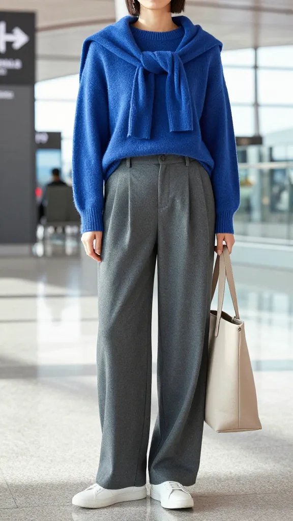 A high-resolution, candid-style fashion photograph of a stylish traveler at an airport terminal, standing confident with natural light streaming through large windows. The subject is the main focus, wearing a royal blue knit sweater draped over the shoulders to create a color pop against a muted, neutral base. The outfit features grey wide-leg tailored pants and clean white sneakers, paired with a nude or neutral tote carried casually at the side. The look is polished yet effortless, with minimal accessories to keep the blue accent statement-making but not flashy. The setting is modern and airy, with airport signage softly blurred in the background. The overall composition balances neutrals with the bold blue, capturing a chic, photo-ready moment suitable for city travel styling. No text overlays.
