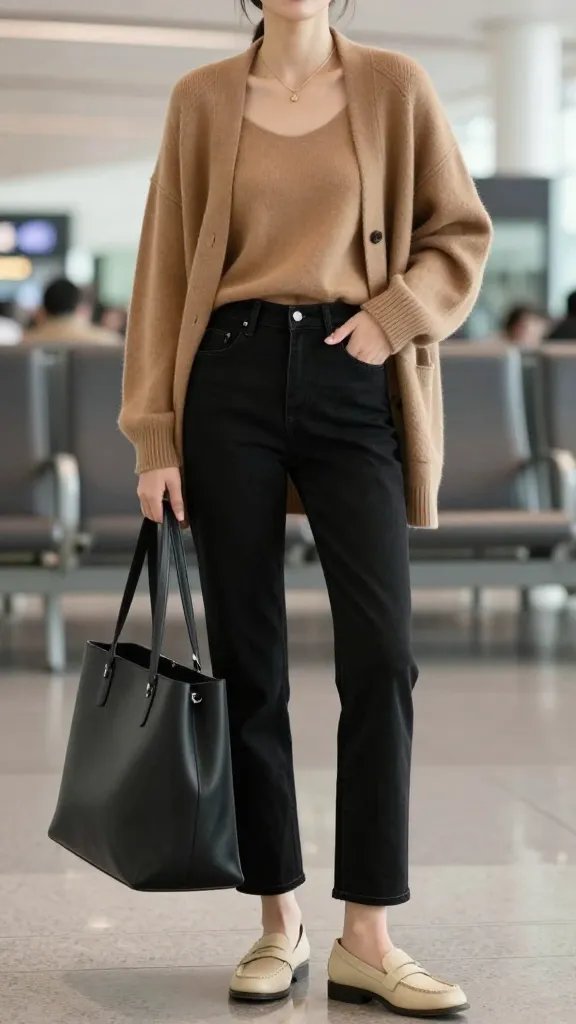 A high-resolution fashion editorial photograph featuring a stylish, confident individual modeling a tan and black travel-ready ensemble as described: a tan oversized cardigan layered over a black high-rise straight jeans silhouette, paired with beige loafers and a structured black tote. The look is accessorized minimally with subtle jewelry and a slim belt at the waist to create visual interest and break up the monochrome. The setting is an airy, runway-like airport lounge with soft natural light, showcasing the cardigan acting as a lightweight coat in a cool, early-evening climate. The subject stands in a poised, relaxed pose&mdash;one hand resting on the tote strap, the other lightly adjusting the cardigan&mdash;exuding effortless sophistication. The color palette emphasizes warm tan tones against crisp black, with clean lines and a polished, timeless vibe. The image should feel luxe yet accessible, with a shallow depth of field to softly blur the background while keeping the subject in sharp focus, ensuring the textures of the cardigan knit, the smooth leather loafers, and the structured tote are richly detailed. No text or logos on the image.