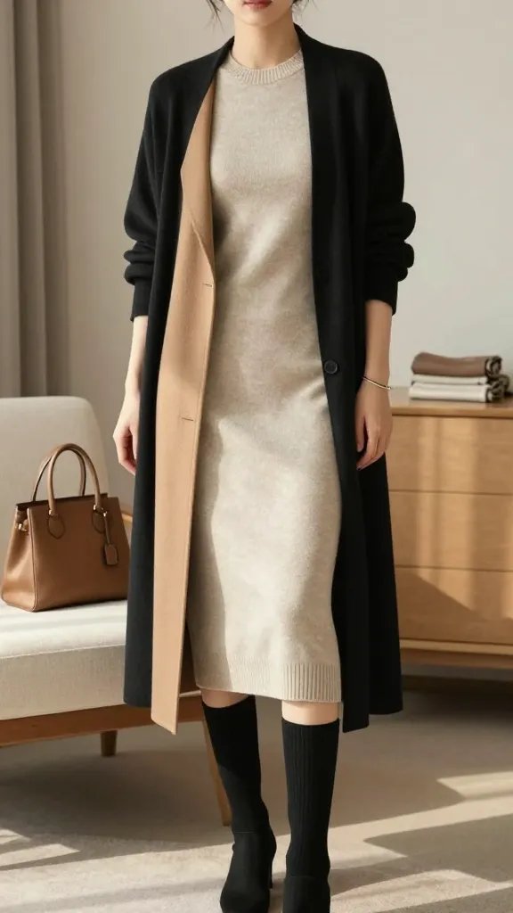 A fashion editorial portrait of a stylish traveler posing in a sunlit, minimalist hotel room with soft natural light. The main subject stands centered, wearing a neutral knit dress that skims the body, layered under a black longline cardigan and a camel trench or lightweight duster draped open for structure. She pairs black knee-high socks with sleek ankle boots, and her look is completed with sleek, minimal accessories—only a slim bracelet. The outfit exudes capsule-neutral chic with a boutique-read feel. Props are understated: a small leather tote sits by the chair, a scarf folded neatly on a dresser. The composition emphasizes texture, drape, and layering, with the dress lightly steamed to avoid creases, and the overall color palette remains in warm camel, black, and ivory neutrals. The shot is high-resolution, fashion-photography quality, shallow depth of field to softly blur the background while keeping the model in sharp focus, no text or branding in the frame.