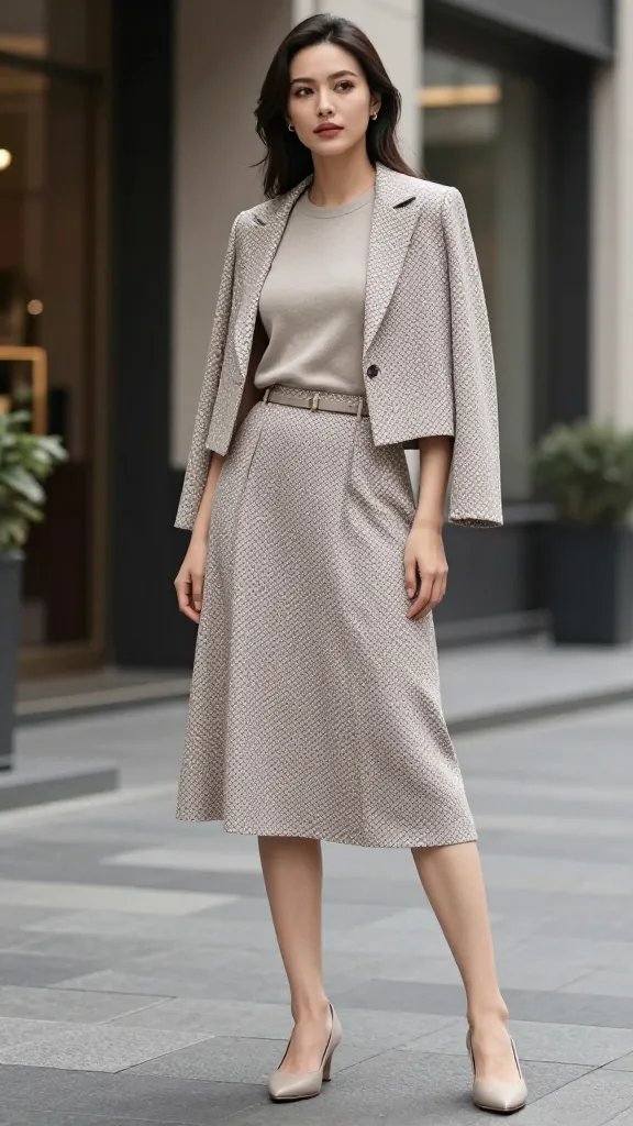 A high-resolution, editorial-style travel fashion photo of a confident, stylish woman posing in an upscale urban setting with soft, natural light and a shallow depth of field. She wears a quiet-print power set: a neutral-toned printed midi skirt paired with a solid-color knit top and a matching blazer cropped jacket, all featuring a subtle, small-scale geometric print in taupe, cream, and stone hues. The outfit is completed with neutral pumps or sleek sneakers, a slim belt to tailor the silhouette, and minimalist jewelry. The background is a chic city street or modern hotel lobby with muted tones that let the print be the star, and the subject stands with a poised, relaxed stance, slight turn of the body, and a confident gaze. The composition emphasizes clean lines, tailored fit, and versatile travel-ready styling without visible text.