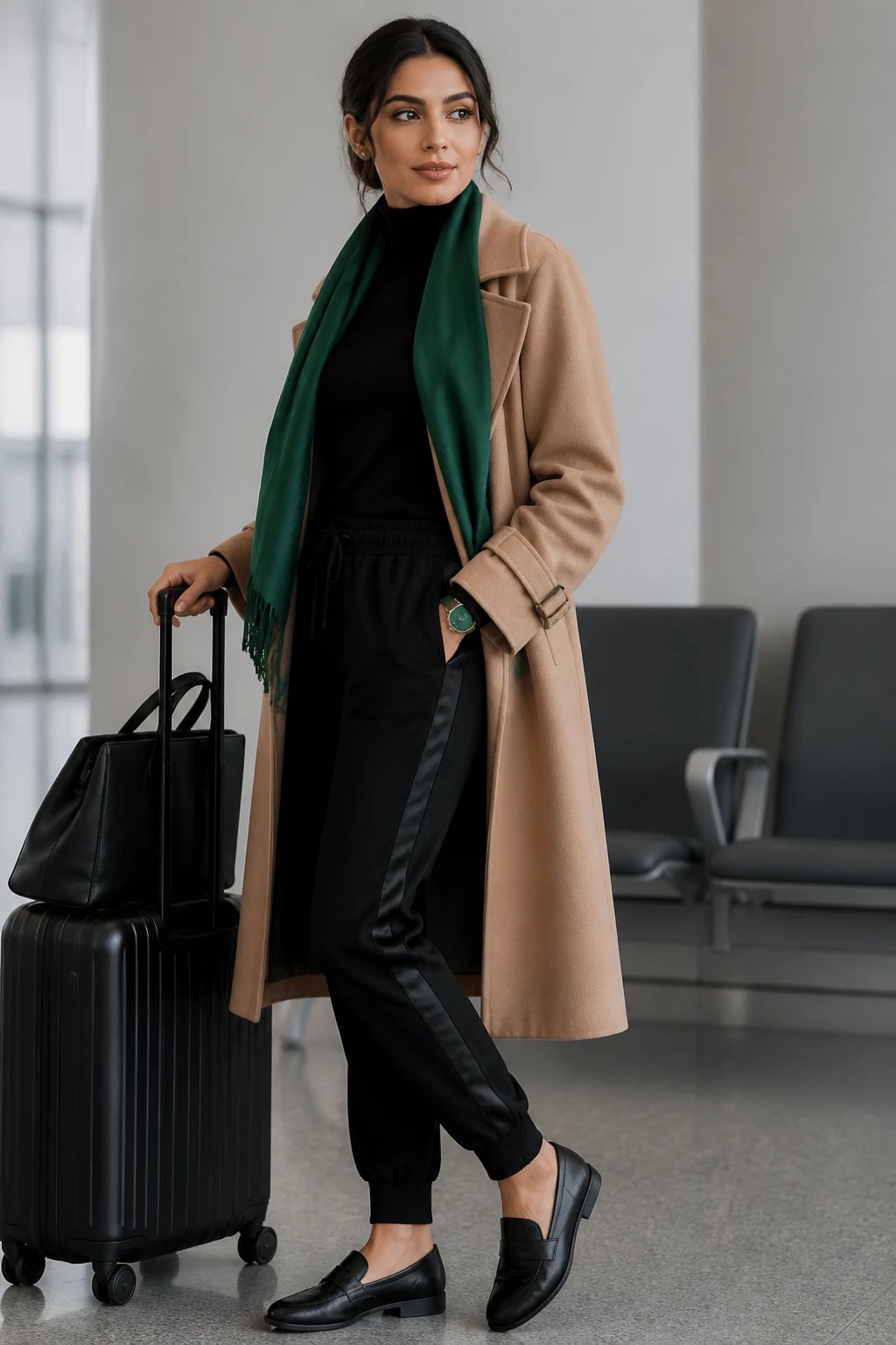 A high-resolution, fashion-forward studio-shot of a confident traveler posing in a streamlined black-transit ensemble. The subject stands in a neutral, soft-gray airport lounge backdrop with subtle architectural hints and ambient, diffused lighting to mimic an airport terminal environment. The outfit features black jogger pants with a satin side stripe, a fitted black turtleneck, and black slip-on loafers. Layered over is a camel trench or light longline coat, tailored and slightly oversized, to create clean, elongated lines. A single bold emerald green scarf is casually draped or tied to reveal a pop of color, or alternatively a statement emerald/teal watch peeks from the wrist for the one-color-pop effect. The overall palette remains monochrome&mdash;various textures and fabrics (matte knit, satin stripe, smooth leather-like loafers, and a soft camel coat) to enhance depth while staying in the same family. The subject&rsquo;s pose should convey effortless confidence and comfort, with natural makeup and hair, minimal accessories, and no visible text on imagery. The composition focuses on a crisp, flattering silhouette that photographs well from a slight side-angle, capturing the polished, streamlined aesthetic with the one emerald accent clearly visible.
