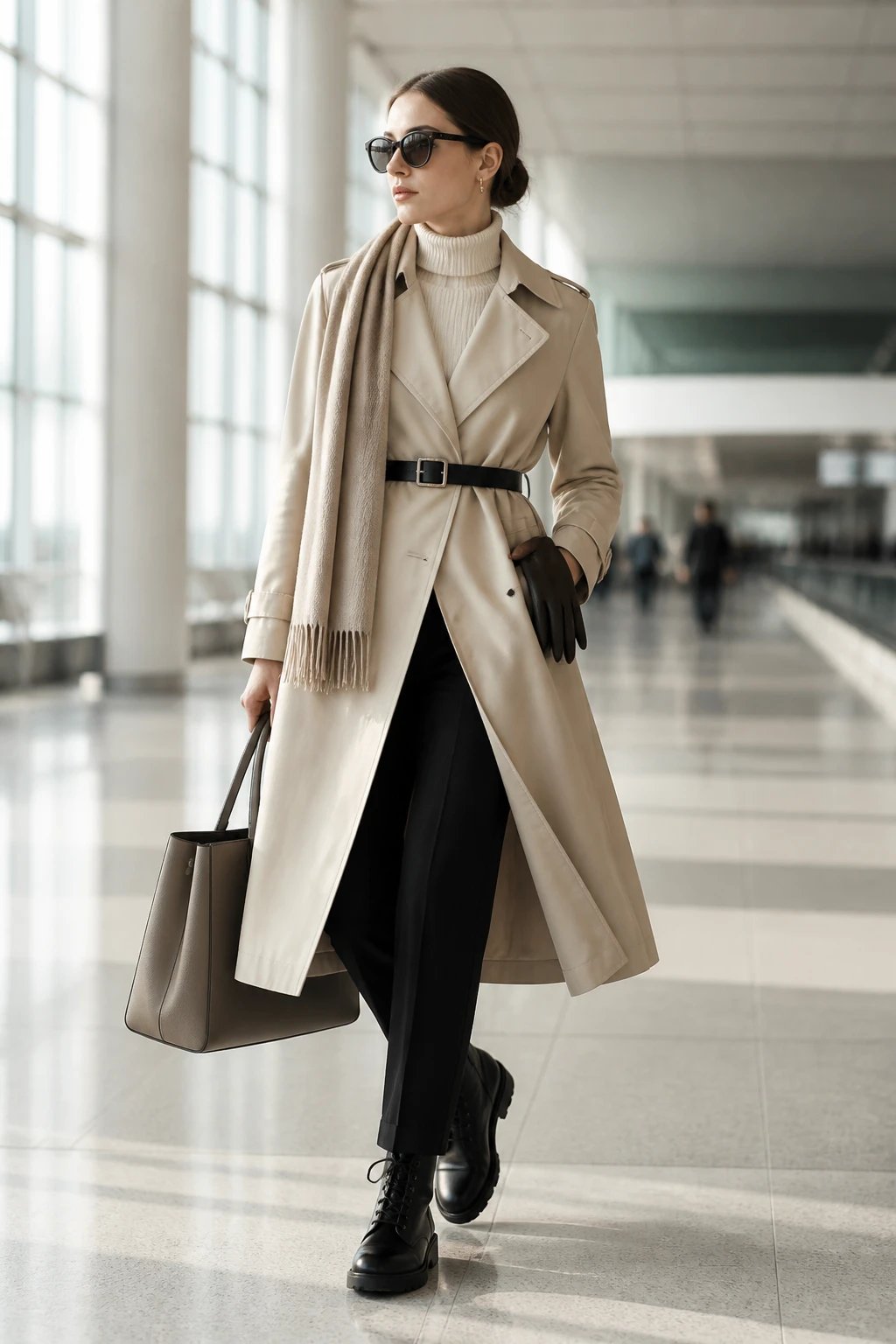 A fashion-forward male or female model stands in a bright, minimalist airport terminal with soft natural light. The outfit features a beige trench coat cinched at the waist with a slim belt, layered over a cream knit turtleneck. The model wears black straight-leg trousers and lightweight-sole combat boots, creating a clean, streamlined silhouette from head to toe. Accessories include a structured, medium-sized tote bag in a neutral tone and a thin scarf draped loosely around the neck, with a pair of leather gloves tucked neatly into the coat pocket. The look is polished yet comfy, no bulky layers underneath the coat. The pose is confident and poised, perhaps mid-stride or a slight turn to showcase the trench&rsquo;s sharp lines, with a subtle sense of motion. Background features clean architectural lines of the airport interior and soft bokeh of travelers in the distance, ensuring the main subject remains the focal point. No text on the image.