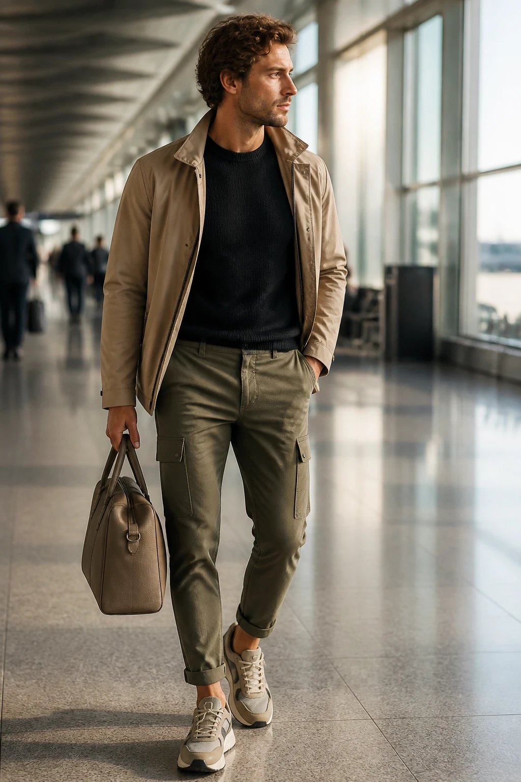 A high-resolution, cinematic photograph of a stylish traveler (the main subject) standing at an airy airport terminal with soft natural light streaming through large windows. The subject wears olive cargo pants with a flexible, flat-front waist and neatly zipped cargo pockets that lie flat, paired with a soft black knit sweater that fits slimly and a beige utility jacket with stretch that sits open or draped casually over the shoulders. They are wearing chunky sneakers in neutral tones, clean and modern, with the cuffs of the cargo pants rolled slightly to reveal a hint of ankle. The look is balanced by a slim, structured top-handle bag in a neutral shade, carried in one hand. The outfit exudes relaxed utility chic and effortless movement, with meticulous attention to fit and proportion to avoid bulk from pockets. The background shows a tidy airport corridor, with blurred travelers and signage, keeping the focus sharp on the subject. The color palette is earthy&mdash;olive, beige, black, and warm neutrals&mdash;captured in natural, flattering light that emphasizes texture: the knit, the stretch fabric, and the smooth leather of the bag. No text or overlays in the image.