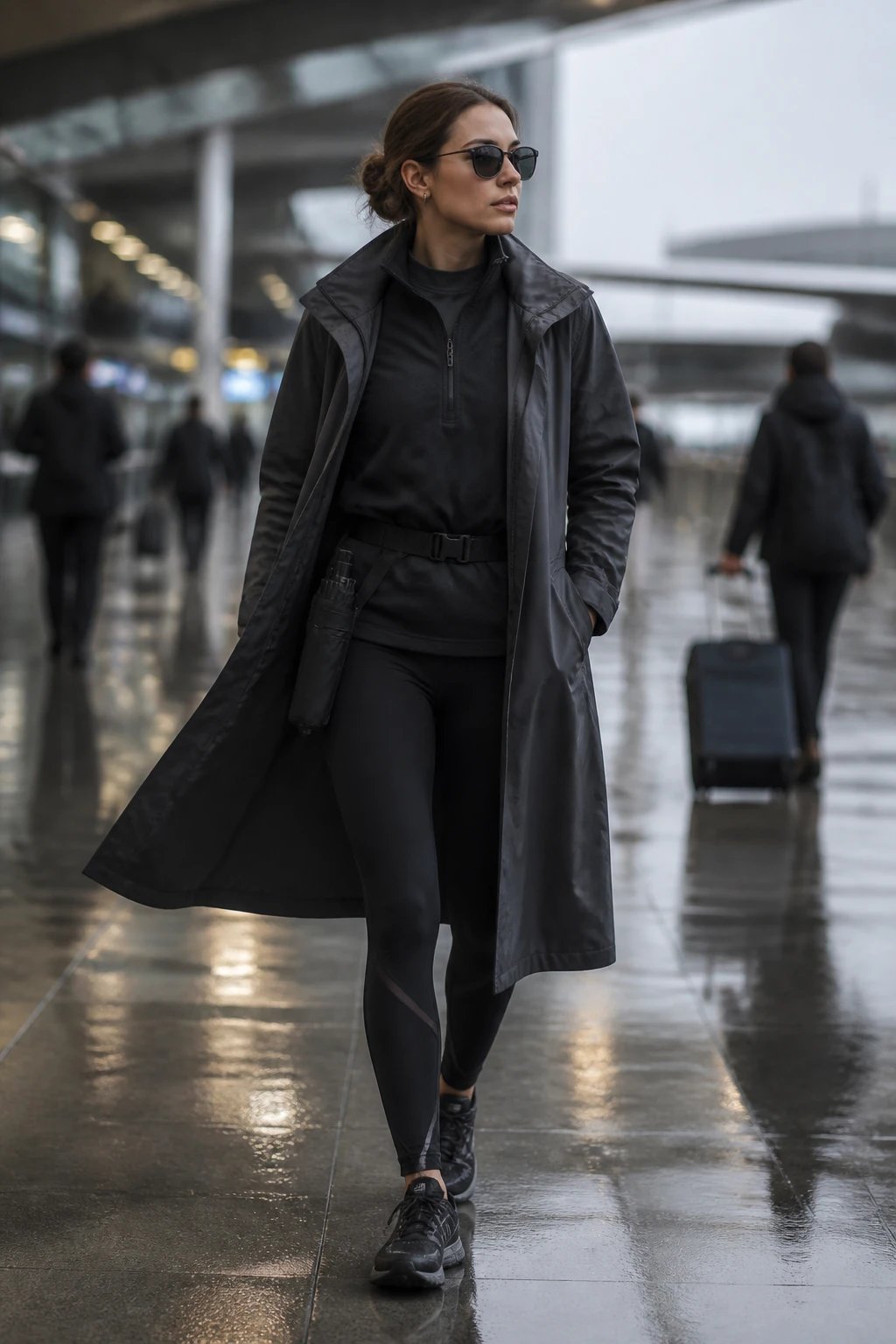 A full-length, high-resolution runway-style photo of a confident traveler portrait in an airport terminal with moody, diffused lighting. The main subject is a stylish individual wearing water-repellent, tech-fabric ensembles: a tailored graphite water-repellent trench over a sleek black shell, paired with graphite fleece pullover visible at the collar and cuffs, form-fitting jet-black leggings with compression, and all-weather grip sneakers in black with subtle reflective accents. The outfit is accessorized with a compact foldable umbrella tucked neatly in a small pouch at the hip and a slim belt cinching a loose-shell silhouette for structure. The look exudes sporty-sophisticated, monsoon-ready vibes with clean lines and movement-friendly fabrics. The background shows blurred airport architecture and soft motion blur suggesting walking through a concourse, with damp, moody lighting that enhances texture and shine on the water-repellent materials. Ensure no text is present in the image.