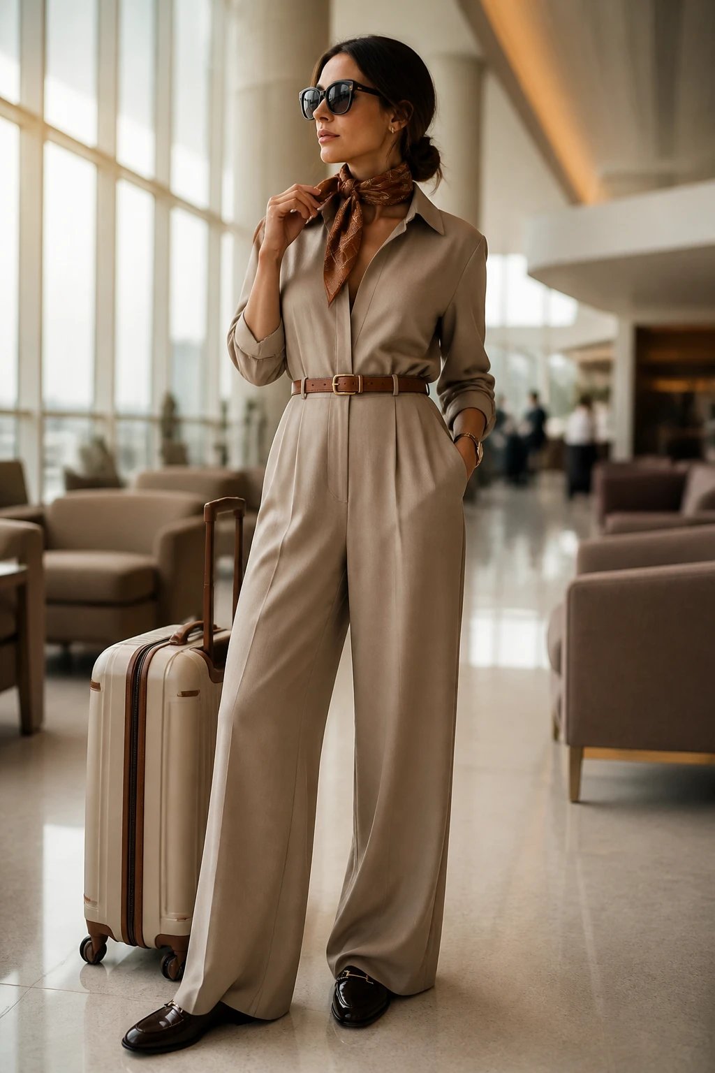A high-resolution, editorial fashion photograph of a stylish traveler posing in an airy modern airport lounge. The main subject is a confident woman wearing a sand-toned tailored wide-leg jumpsuit with a slim leather belt cinching the waist. She pairs it with polished dark loafer flats, an oversized pair of matte black sunglasses, and a silk scarf tied gracefully around her neck in a rich, complementary color (soft terracotta or muted teal) to inject a pop without overpowering. The overall palette remains neutral&mdash;sand, taupe, and cream&mdash;with the scarf providing a subtle accent. The outfit exudes quiet luxury: clean lines, premium textures, and a sense of effortless sophistication. Natural lighting highlights the smooth drape of the jumpsuit and the sheen of the belt, while a blurred background shows a modern airport terminal with soft, warm tones. The subject stands with one hand resting at her waist, the other lightly adjusting the scarf, conveying calm readiness for travel. No text in the image.