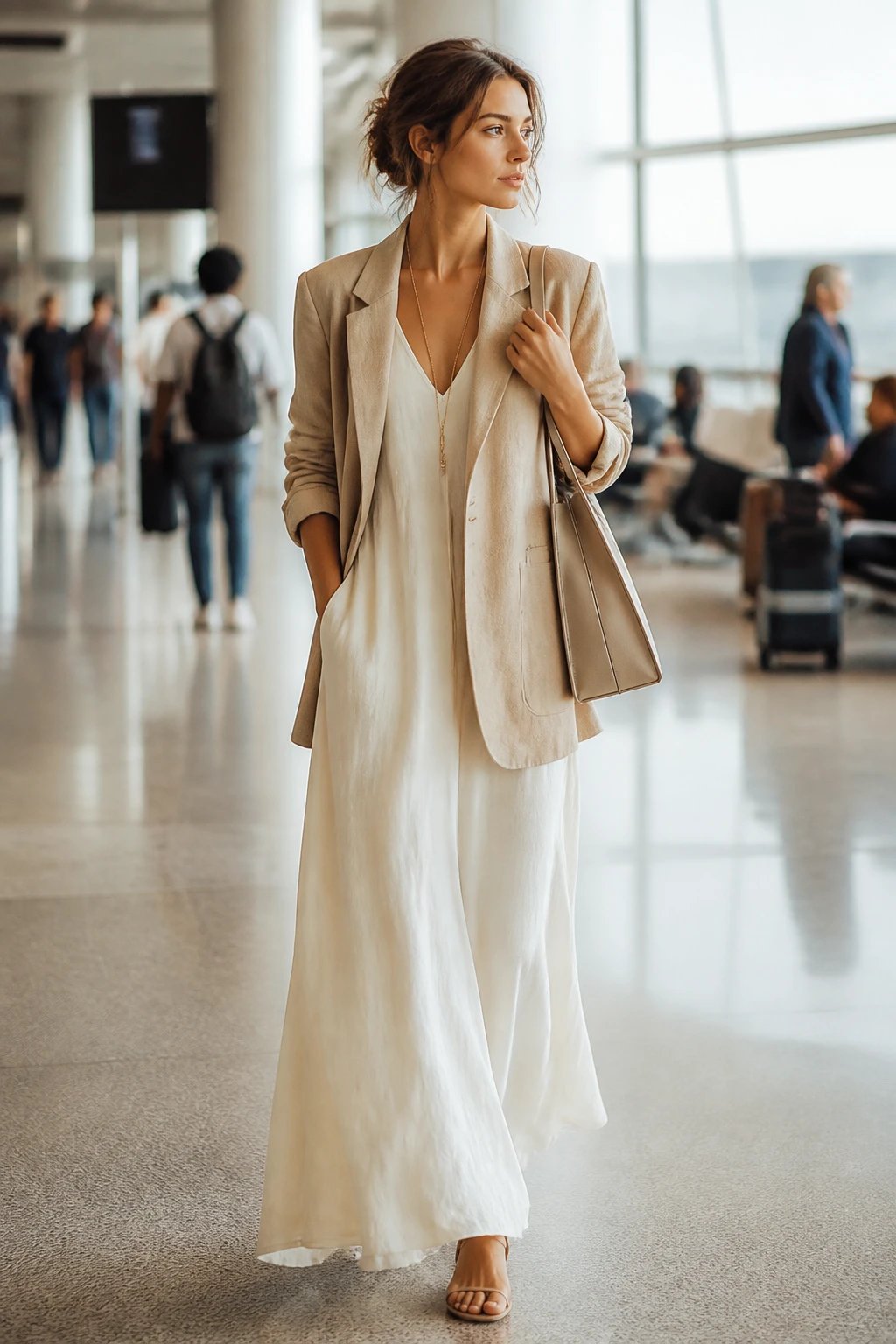 A fashion-forward, high-resolution editorial portrait of a poised traveler at an airy airport terminal with natural daylight streaming in. The main subject, a stylish person embodying quiet luxury, stands center wearing a linen-blend oversized blazer in a soft sand tone layered over a flowing ivory maxi dress. The blazer sleeves are casually rolled for a relaxed yet polished vibe. On their feet are strappy sandals with a minimalist silhouette or sleek mules, and they carry a structured tote or a crossbody bag in a neutral hue. A long, delicate pendant necklace adds subtle glamour while keeping jewelry minimal. Optional light scarf draped lightly to suggest warmth without overpowering the look. The styling exudes effortless elegance: clean lines, breathable fabrics, and a sumptuously calm color palette. The backdrop hints at an airport gate area with soft, diffused lighting, polished floors, and blurred figures in the background to emphasize the main subject. The image should feel cinematic and aspirational, with shallow depth of field focusing on the outfit details: the texture of the linen-blend blazer, the drape of the maxi dress, the minimal jewelry, and the tote or crossbody bag. No text on the image.