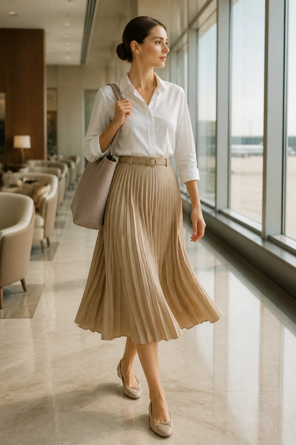 A high-resolution fashion editorial photo of a poised female traveler posing in an airy, sunlit airport lounge. The model wears a sand-toned pleated midi skirt paired with a crisp white button-down shirt neatly tucked in, creating a timeless, polished silhouette. She completes the look with neutral-tone ballet flats and a textured light taupe tote bag slung over one shoulder. A delicate fine chain bracelet sits on her wrist. The belt is subtle, cinching the waist to add shape without breaking the flow. Hair is styled in a sleek low bun, and the overall stance is graceful, conveying movement and refinement as she walks or glides by a large window with soft natural light. The background hints at quiet luxury airport ambiance with muted, warm tones and tasteful decor, ensuring the subject remains the clear focal point. No text on the image.
