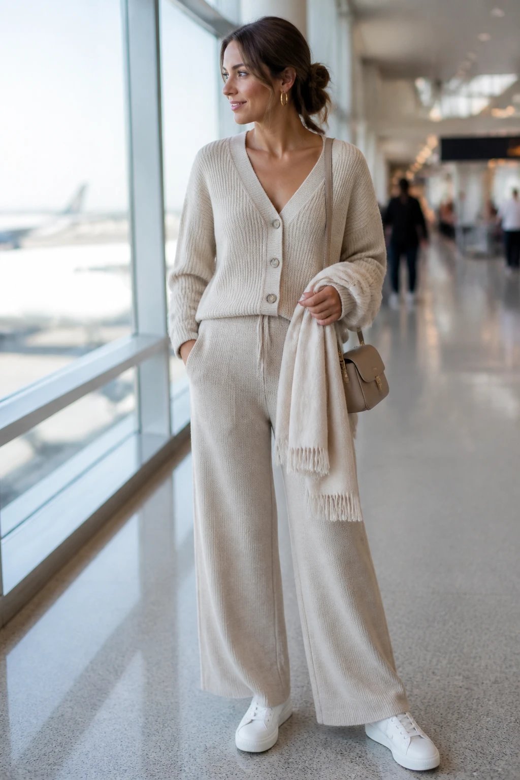 A high-resolution, candid-style fashion image of a stylish traveler in an airport terminal, featuring a main subject styled in a Cozy Knit Set with White Sneakers. The outfit includes a matching cardigan and wide-leg knit pants in a soft neutral shade, paired with white low-profile sneakers, a small crossbody bag, and minimalist hoop earrings. The subject stands casually near a window with soft natural light, holding a lightweight scarf draped over one arm. The scene is uncluttered and chic, with airy textures from the knit, clean lines, and a restrained color palette to emphasize the knit set. Subtle airport details in the background (gate signage, blurred travelers) add context without distraction. No text on the image.