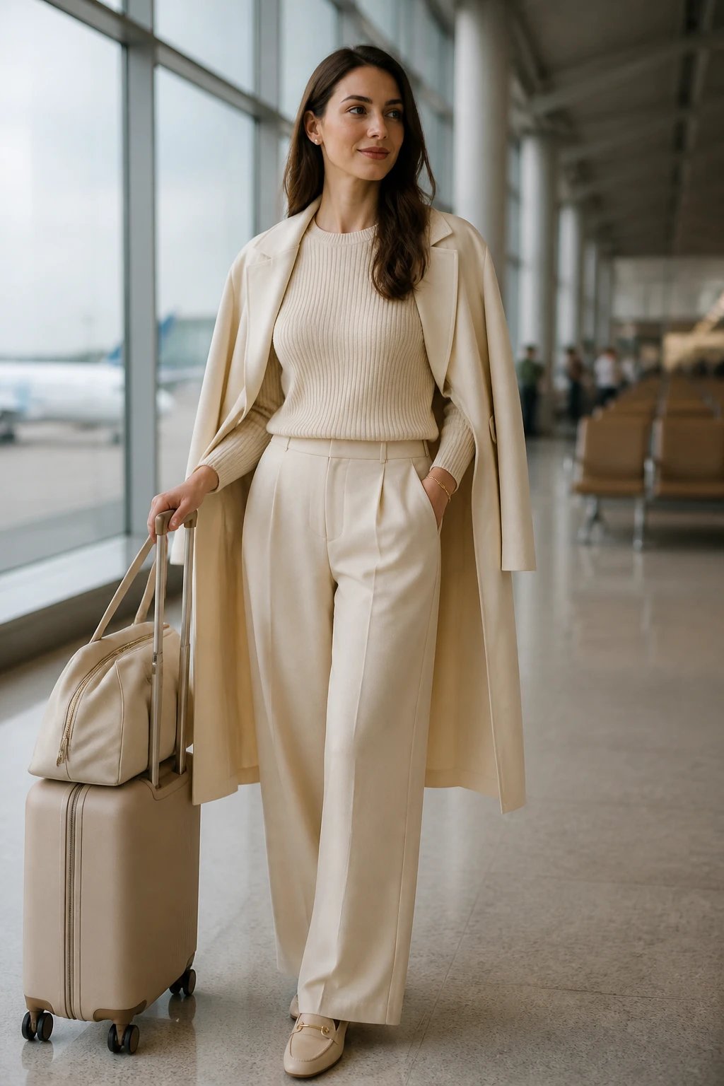 A high-resolution, editorial-style photograph of a poised female traveler standing in a softly lit airport terminal with blurred silhouettes of gates in the background. She wears an all-cream ensemble that epitomizes monastery-inspired minimalism: a cream knit top with delicate ribbed texture paired with cream wide-leg trousers and a lightweight cream trench draped over her shoulders. Her footwear are beige loafers with a subtle gleam, and she accessorizes with understated gold accents on a thin bracelet and a small pearl stud earring. The outfit showcases tactile dimension: the knit’s ribbing contrasting with the smooth wool-blend trousers and the crisp, structured trench. The color palette remains monochromatic creams and beiges, keeping the look serene and cohesive. The lighting is soft and natural, highlighting the textures without harsh shadows, and the subject’s makeup is minimal, emphasizing a fresh, airy complexion suitable for cabin air. The overall mood is quiet luxury, calm, and chic, with a refined, streamlined silhouette and an unobtrusive elegance that feels appropriate for a long flight. No text or logos in the frame.