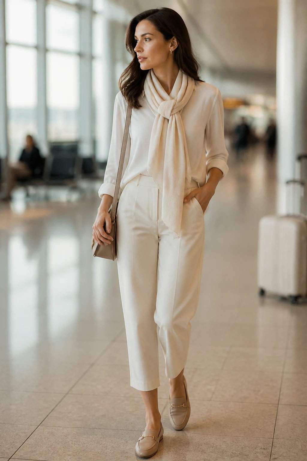 A high-resolution, natural-light photograph of a stylish traveler posing at an airy airport terminal with soft beige and cream tones. The main subject is a poised woman wearing a luxe silk-cashmere scarf in a creamy ivory tone, gracefully draped around her neck and loosely tied to showcase its fluid texture. She pairs it with lightweight, creme-colored trousers that skim the ankles, and a simple, crisp button-down top in a neutral shade. Her footwear consists of neutral-toned loafers or sleek flats, and she carries a small crossbody bag with subtle, understated hardware. The scarf should be the focal point, appearing as a refined accessory that elevates the outfit without overpowering it. The overall vibe is quiet luxury: clean lines, breathable fabrics, and a calm, travel-ready elegance. The composition is mid-shot with a shallow depth of field to blur the background softly, bringing attention to the scarf&rsquo;s texture and the streamlined silhouette of the outfit. No text or branding visible on the image.