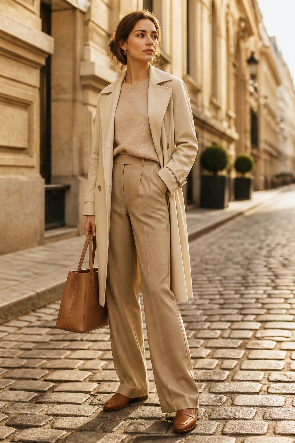 A high-quality, realistic photo of a poised woman in a timeless city setting wearing a Classic Cream Trench and Cashmere Calm outfit. She stands at a slight three-quarter turn on a sunlit cobblestone street, background softly blurred with warm neutral tones of urban architecture. She wears a cream, knee-length trench coat cinched at the waist with a slender belt, layered over a beige cashmere sweater. She pairs it with high-waisted tan wool trousers that flow elegantly to caramel leather loafers. Accessories are minimal: delicate gold hoop earrings and a structured tan tote resting at her side. The overall palette is monochrome creamy tones with subtle textures—the trench’s crisp fabric, the cashmere’s softness, and the wool’s rich weave. Lighting is soft golden hour, casting gentle shadows that define silhouettes and enhance the luxurious yet effortless vibe. The image should feel editorial and polished, with the model projecting confidence and timeless elegance, no visible text or logos.