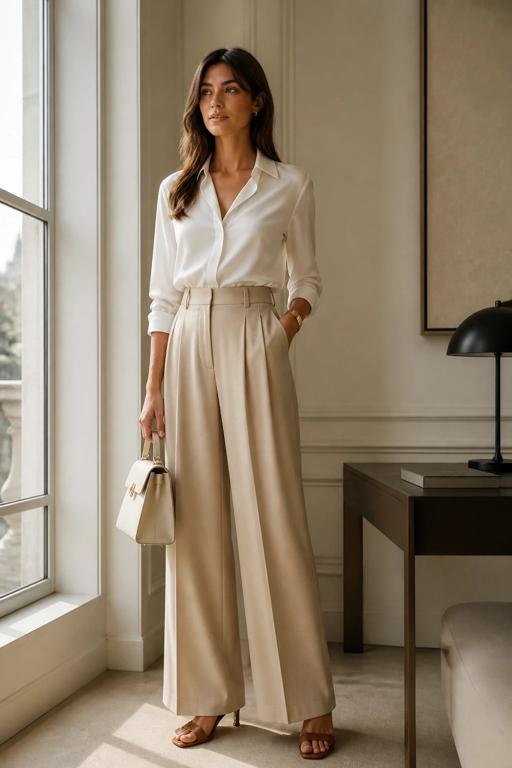 A high-resolution, editorial-style image of a poised woman in a minimalist, timeless office setting. She stands near a large window with soft, natural light casting gentle shadows. She wears a pristine white silk blouse neatly tucked into high-waisted beige wide-leg trousers that flow gracefully to the floor. On her feet are brown leather slingback sandals with a slim heel, and she accessorizes with a single slender gold cuff bracelet on one wrist. She carries a structured ivory handbag with clean lines in one hand. The overall palette is warm neutrals&mdash;ivory, cream, beige, and soft gold&mdash;producing an understated, opulent vibe. The composition is clean and uncluttered, with the subject exuding calm confidence, suitable for a fashion editorial about &ldquo;old money&rdquo; elegance. No text or logos visible in the image.