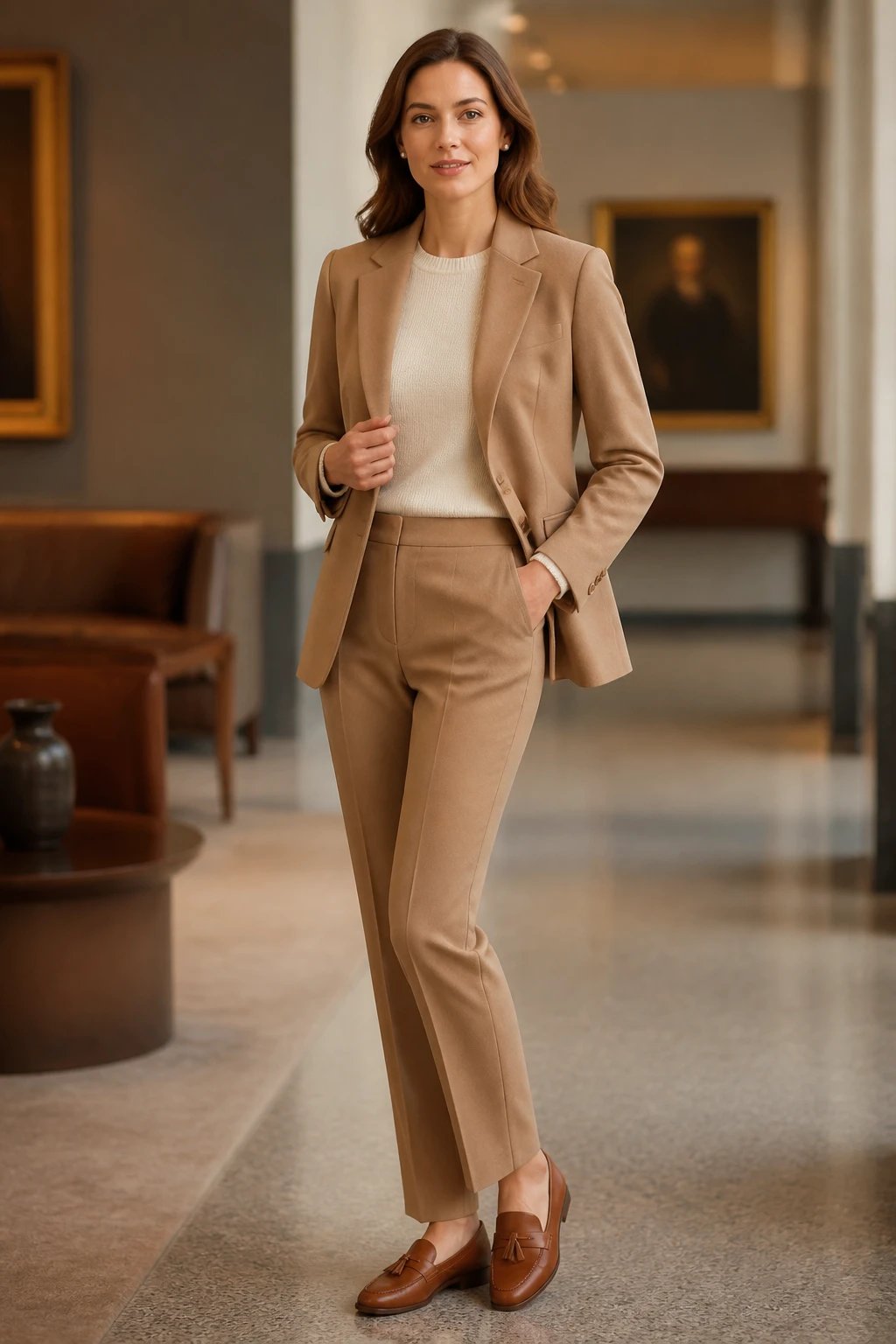 A high-resolution, editorial-style portrait of a poised woman modeling a tailored camel suit in a warm, softly lit interior. The two-piece wool ensemble consists of a precisely fitted camel wool blazer and matching camel trousers, worn with a cream knit top and tan leather loafers. The blazer and trousers align perfectly at the waist to emphasize clean lines, with a delicate pearl stud earring adding a touch of old-money gloss. The setting is an elegant gallery or refined business lounge with neutral tones, subtle art in the background, and a shallow depth of field to keep the focus on the subject. The subject exudes confidence and approachability, standing with a relaxed, business-lumble posture&mdash;one hand in pocket, the other lightly resting near the lapel&mdash;while maintaining a soft, inviting expression. Lighting is soft and natural, highlighting the texture of the camel wool and the crisp tailoring details, including pristine seam lines and a gentle sheen on the blazer. No text on the image.