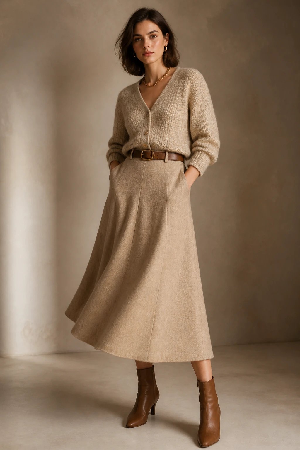 A sophisticated, high-resolution fashion editorial portrait featuring a poised woman with timeless, refined elegance. She stands in a softly lit, neutral-toned studio with warm ambient light. She wears a beige boucle knit cardigan tucked subtly into a matching wool midi skirt, creating a balanced, pulled-together silhouette. Tan ankle boots with a slight heel anchor the look, and a leather belt with a simple buckle cinches the waist, enhanced by a delicate gold chain necklace resting just above the collarbone. The cardigan&rsquo;s hem is tucked into the skirt to emphasize the waist, and the outfit moves gracefully with a hint of drama as she shifts slowly. The color palette is warm taupe, cream, and caramel, textures rich with boucle and wool. The styling is minimalist&mdash;no extraneous accessories, no visible logos, and no text overlay. The subject gazes softly toward the camera or slightly off-camera, conveying effortless refinement and classic Old Money elegance.