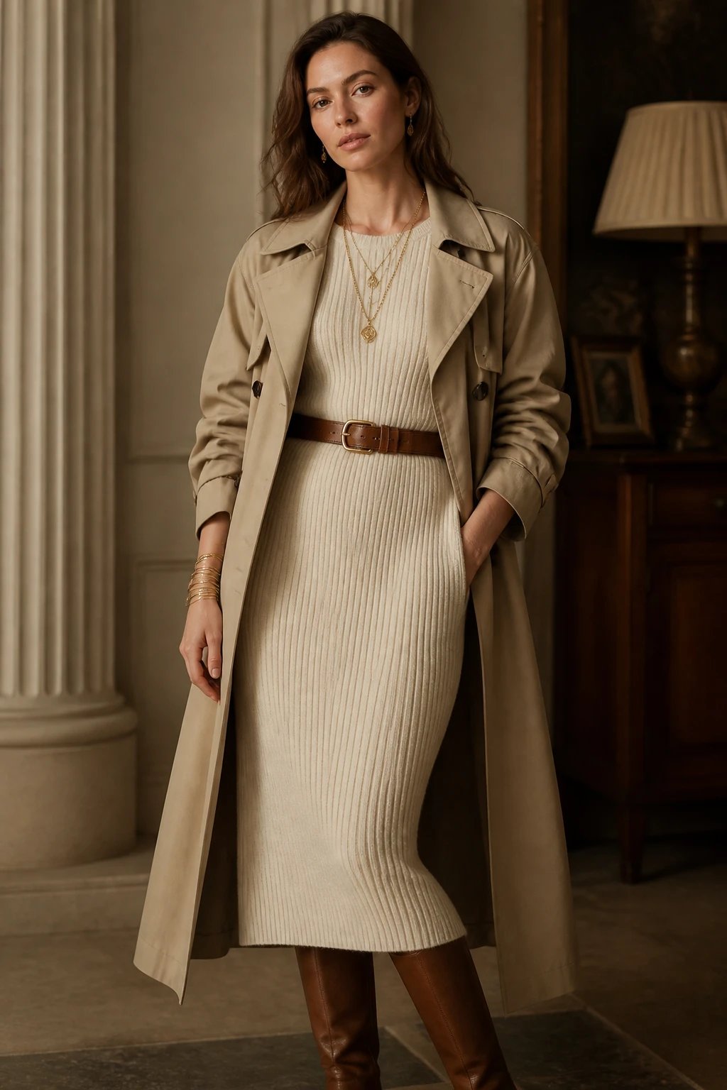 A realistic, high-fashion editorial portrait of a woman standing in a softly lit, timeless interior with warm, neutral tones. She wears an ivory knit midi dress cinched at the waist with a brown leather belt, layered under a beige trench coat worn open to reveal the dress, with tan knee-high boots peeking from beneath. Subtle gold bracelet stacks on one wrist and delicate necklaces of varying lengths drape over the neckline, catching a gentle sparkle. The setting is elegant yet understated&mdash;a clean, classic backdrop with soft shadows to emphasize texture and structure of the knit fabric and layered pieces. The model exudes poised, effortless chic, natural makeup with rosy undertones, and a calm, poised expression suitable for a timeless old-money aesthetic. No text on the image.