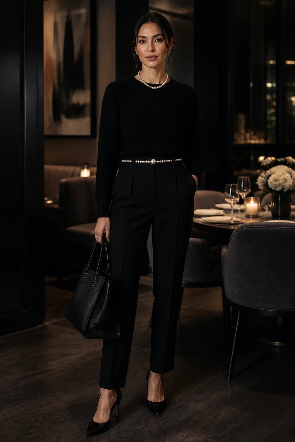 A sophisticated, high-fashion editorial portrait of a poised woman in a dimly lit, upscale dining lounge. The subject wears a black knit sweater tucked into impeccably tailored black pants, paired with black pointed-toe pumps. A pearl-embellished belt cinches the waist, echoing a delicate pearl necklace to create a continuous line. A soft black leather tote rests casually at her side. The look is grounded in dark tones with a whisper of luxury from the pearls. The lighting is moody and cinematic, highlighting the texture of the knit, the gleam of the pearls, and the clean lines of the tailored silhouette. The subject's makeup is classic and understated, with a focus on luminous skin and neutral lips, letting the pearl details speak. The backdrop should imply an elegant dinner setting with subdued ambient light and a hint of refined, modern furniture, ensuring no text appears in the image. The composition centers the subject, capturing a grown-up, timeless evening look that feels elegant without being stuffy.