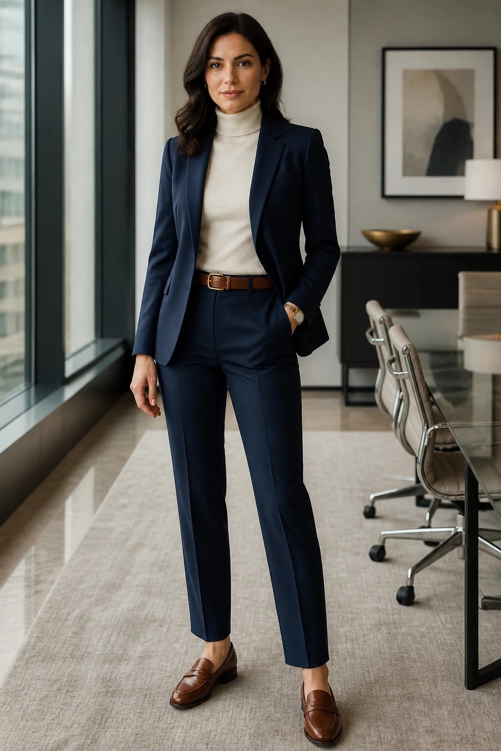 A poised woman stands in a modern, sophisticated office setting with large windows casting soft, diffused light. She wears a tailored ink-blue navy blazer and matching trousers, a cream knit turtleneck tucked neatly to avoid any neck bunching, and cognac leather loafers. A slim brown belt defines the waist, and a subtle gold watch peeks from under the cuff. The look exudes executive-chic confidence as she maintains a calm, assured expression, one hand lightly in her pocket and the other resting at her side. The background features neutral tones, sleek furniture, and a hint of a glass conference table, with crisp, high-resolution detail and natural color grading to emphasize the rich navy and cream contrast. No text on the image.