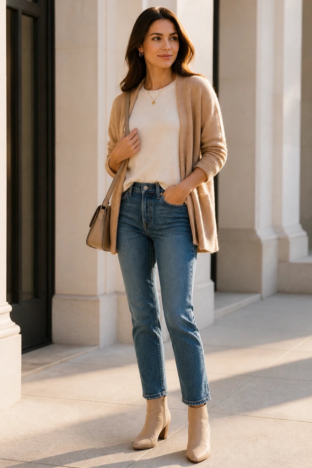 A high-resolution lifestyle fashion photograph of a stylish woman standing relaxed in a sunlit, minimalist urban setting. She wears a camel cashmere cardigan draped over a cream knit top, tucked slightly at the front into mid-blue slim-fit jeans. Beige ankle boots with a soft, polished finish complete the silhouette. Accessories include delicate gold hoop earrings, a fine necklace, and a neutral-toned crossbody bag slung over the shoulder. The overall palette is soft and cohesive with warm camel, cream, and beige tones. The lighting is natural and flattering, emphasizing the luxurious texture of cashmere and the clean denim line, with shallow depth of field to subtly blur the background. The subject has a calm, effortless pose suitable for everyday elegance, conveying the casual premium vibe described. No text or logos visible on the image. The main subject should align with the article title "17 Old Money Outfit Ideas for Women with Timeless Elegance" and be clearly identifiable as the feature woman.