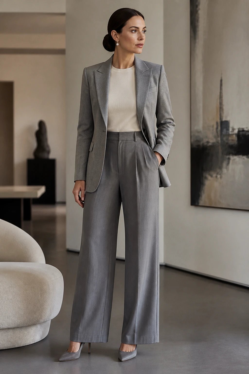 A high-resolution, elegant fashion photograph of a poised woman standing in a softly lit, modern interior with neutral tones. She wears a soft grey tailored blazer over a cream-knit shell, paired with grey tailored trousers or wide-leg pants. Her look is completed with grey pointed-toe pumps and delicate pearl earrings, with the pearls emitting a subtle, refined sparkle. Her hair is styled in a sleek low bun, and the blazer is crisply structured with the shell tucked in neatly. The overall mood is sophisticated and timeless&mdash;business casual meets art gallery chic&mdash;with minimal jewelry and no other accessories drawing attention away from the pearls. The lighting highlights the textures of the wool, the smoothness of the shell, and the gentle gleam of the pearls, creating a polished, contrasted composition suitable for a high-end fashion editorial. No text on the image.
