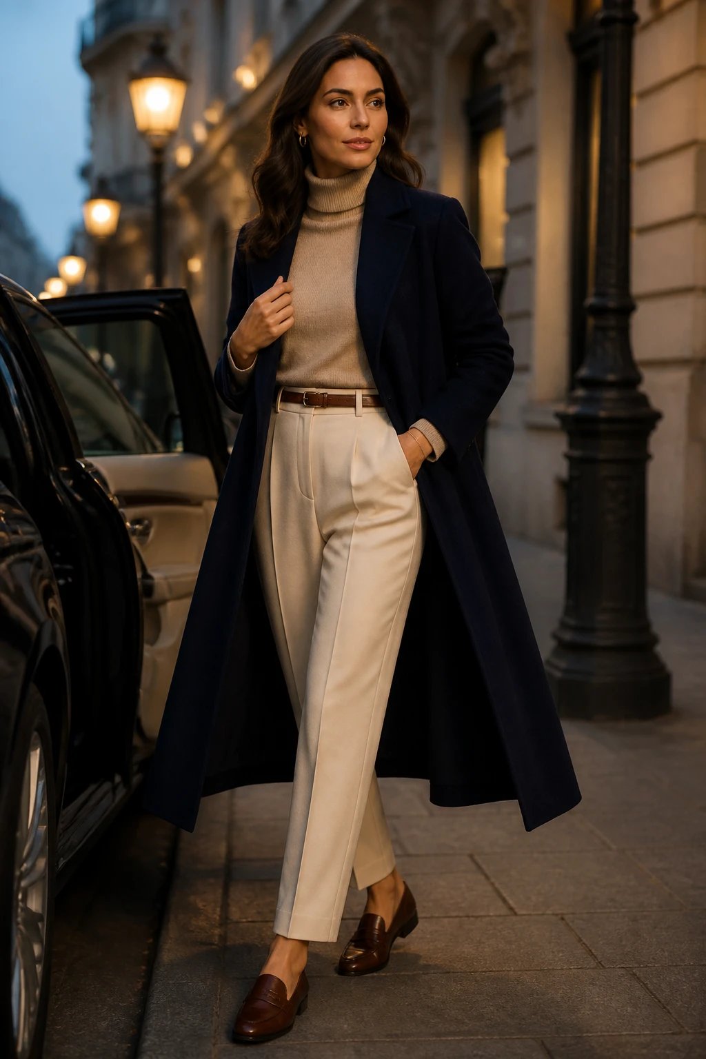A high-resolution, editorial-style portrait of a poised woman stepping onto a chic city street in early evening light. She wears a luxurious navy cashmere coat that falls to mid-calf, left slightly open to reveal a beige turtleneck tucked into cream trousers. The trousers are tailored with a seamless crease, and she wears polished brown loafers. Minimalist jewelry—thin gold hoop earrings and a delicate bracelet—gleams subtly. A slim belt cinches the waist under the coat for a refined silhouette. The background features softly blurred urban architecture with warm streetlamps, suggesting a timeless, movie-star moment. Color palette: navy, beige, cream, and warm brown. The subject exudes calm confidence, poised with one hand in a pocket and the other lightly resting near the coat lapel, conveying understated luxury and timeless elegance. No text or logos on the image.