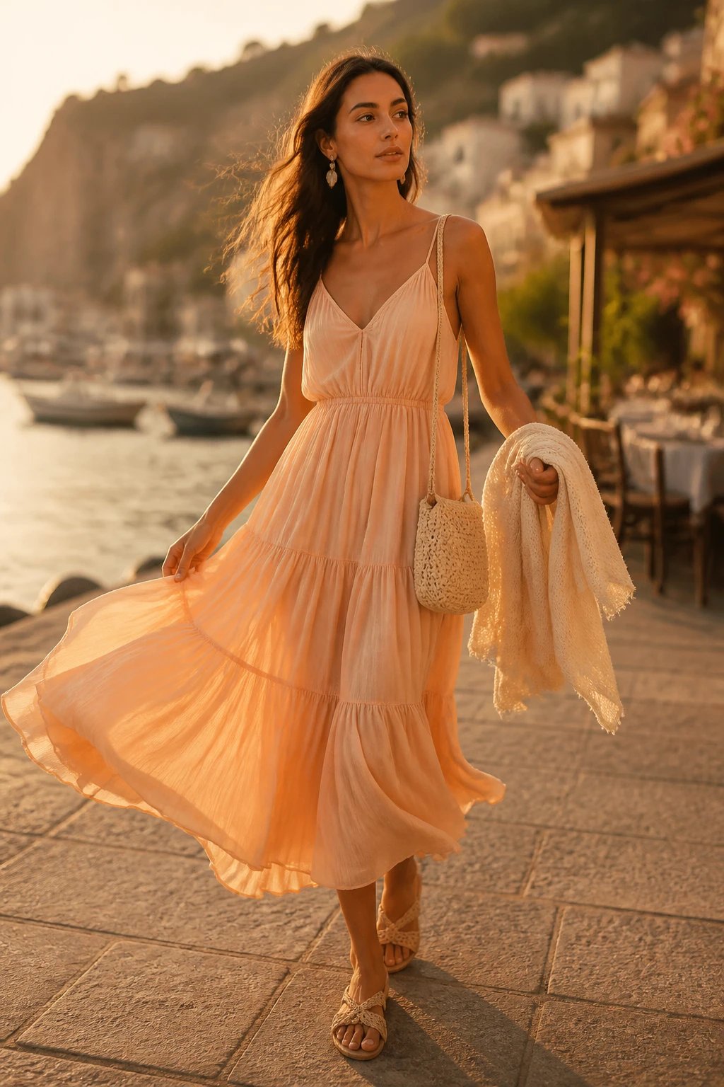 A sun-drenched, golden-hour photograph of a stylish woman strolling along a harbor at sunset, wearing a tiered midi dress in a sun-soaked peachy-cream shade paired with a lightweight cream cardigan casually draped over her shoulders. The cardigan is carried in one hand, ready to be worn as a breeze picks up. The dress flows with her steps, creating soft, cinematic movement as if blown slightly by a sea breeze. She wears woven sandals and drop earrings, with a small mini crocheted bag slung casually at her side. The look should exude soft, flirtatious elegance and natural drama in motion, with warm tones, gentle shadows, and a shallow depth of field that keeps the subject crisp while the harbor, garden caf&eacute; seating, and distant cliffs blur softly in the background. The overall mood is romantic, timeless, and effortless, perfect for golden-hour photos. No text on the image. The main subject is the star of the frame.