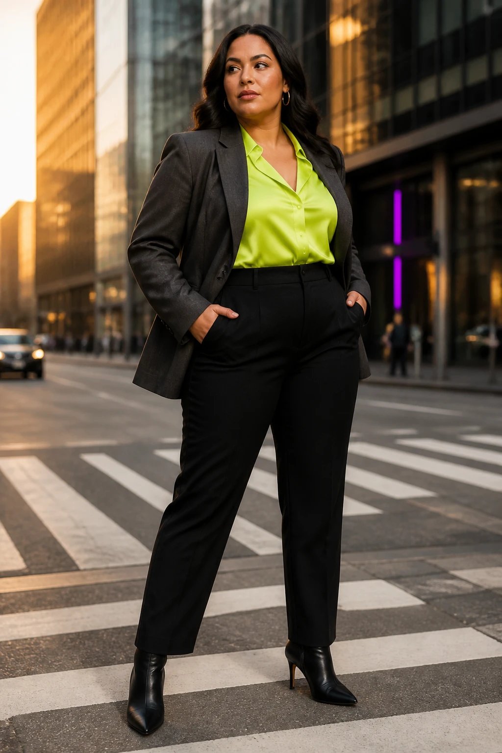 A high-resolution street-style photo of a confident plus-size model posing at a city crosswalk during golden hour, wearing a neon-accent power suit. The ensemble includes a charcoal tailored blazer, subtly fitted to emphasize structure, paired with high-waisted straight-leg jet-black trousers. Under the blazer, a bright neon satin blouse in a bold electric color peeks confidently at the neckline, with the option of a matching neon tee for a more casual approach. Shoes are black pointed-toe heeled ankle boots, polished and sleek. Accessories: minimalist gold hoop earrings. The cityscape backdrop features sleek glass buildings, soft neon reflections, and a shallow depth of field that keeps the model crisp while the background gently blurs, conveying a powerful, fearless boss-energy moment on the street. Natural makeup with a luminous finish, hair styled in a polished, effortless look. No text or logos in the image.