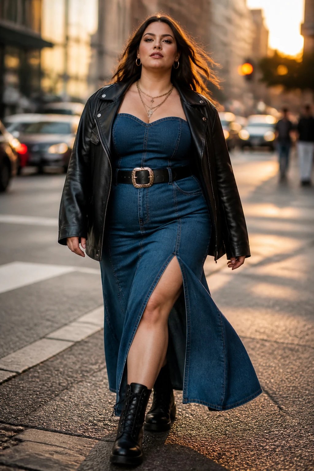A photorealistic street-style portrait of a confident plus-size model walking through an urban cityscape at golden hour, wearing an edgy denim maxi dress with a side slit that flatters the silhouette, paired with an oversized black leather biker jacket and chunky combat boots. Dress-down option includes platform sneakers for a contrasting vibe. Cinch the waist with a bold statement belt and layer a mixed-metals necklace set over the neckline. The look exudes "city stroll with a magazine spread," with natural, flattering lighting, shallow depth of field to blur the bustling city background, subtle motion in the dress as the model steps, and a poised yet relaxed pose that invites conversation. No text on the image.