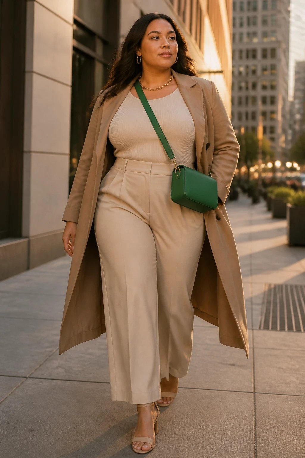 A high-resolution, street-style fashion portrait of a confident plus-size model posing in an urban cityscape during late afternoon golden hour. The model is wearing a capsule-wardrobe, neutral-tone monochrome outfit: a cream knit bodysuit or fitted top tucked into beige-tan wide-leg trousers with a fluid silhouette, layered under a camel trench or longline blazer. Finish with beige ankle-strap sandals or block-heeled mules. Accessorize with a bold emerald green crossbody bag slung across the body for a striking pop of color. The setting shows modern city architecture and soft bokeh lights in the background, with the model standing or mid-walk on a clean sidewalk, exuding high-fashion confidence and elongation through monochrome lines. No text on the image.